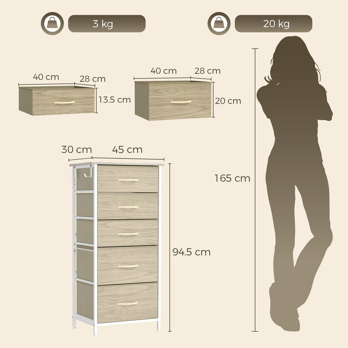 Chest of Drawers, Dresser for Bedroom with 5 Fabric Drawers, Tall Storage Unit with 4 Pockets, 2 Hooks and Steel Frame for Living Room, Hallway, Natural Wood Finish