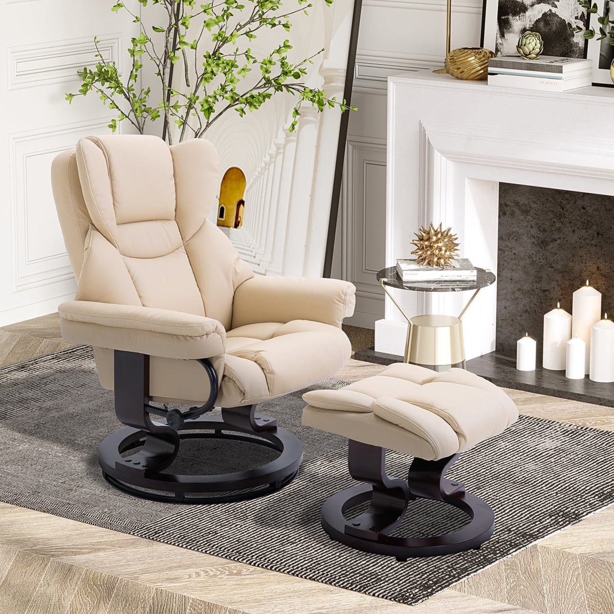 HOMCOM Faux Leather Recliner Chair and Footstool, Swivel Upholstered Armchair and Footstool with Adjustable Backrest, Solid Wood Base for Living Room, Cream