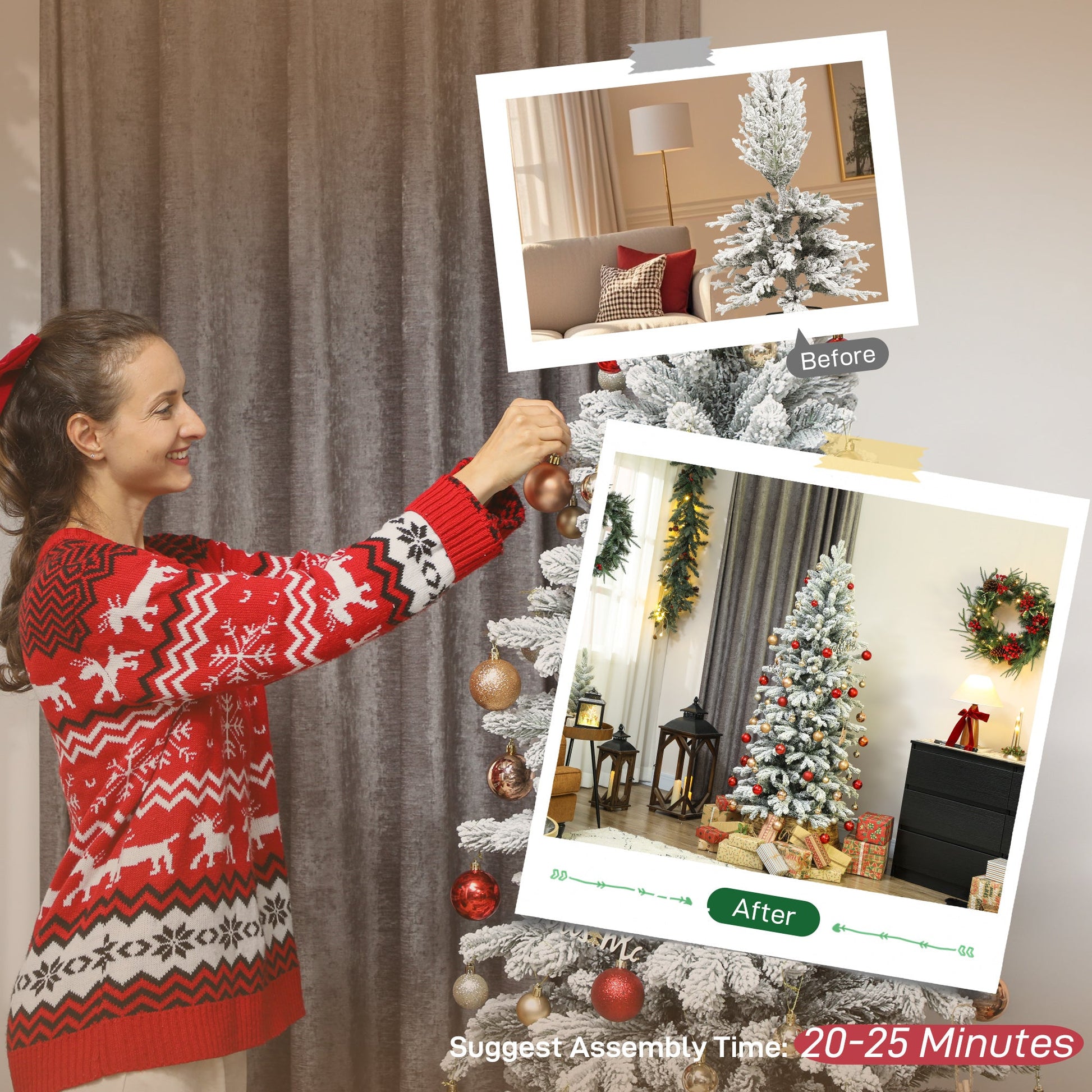 6ft Flocked Christmas Tree, Hinged Pencil Christmas Tree with 756 Tips, Realistic Branches, Easy Assembly, Slim Shape, Artificial Xmas Home Decoration, Green White