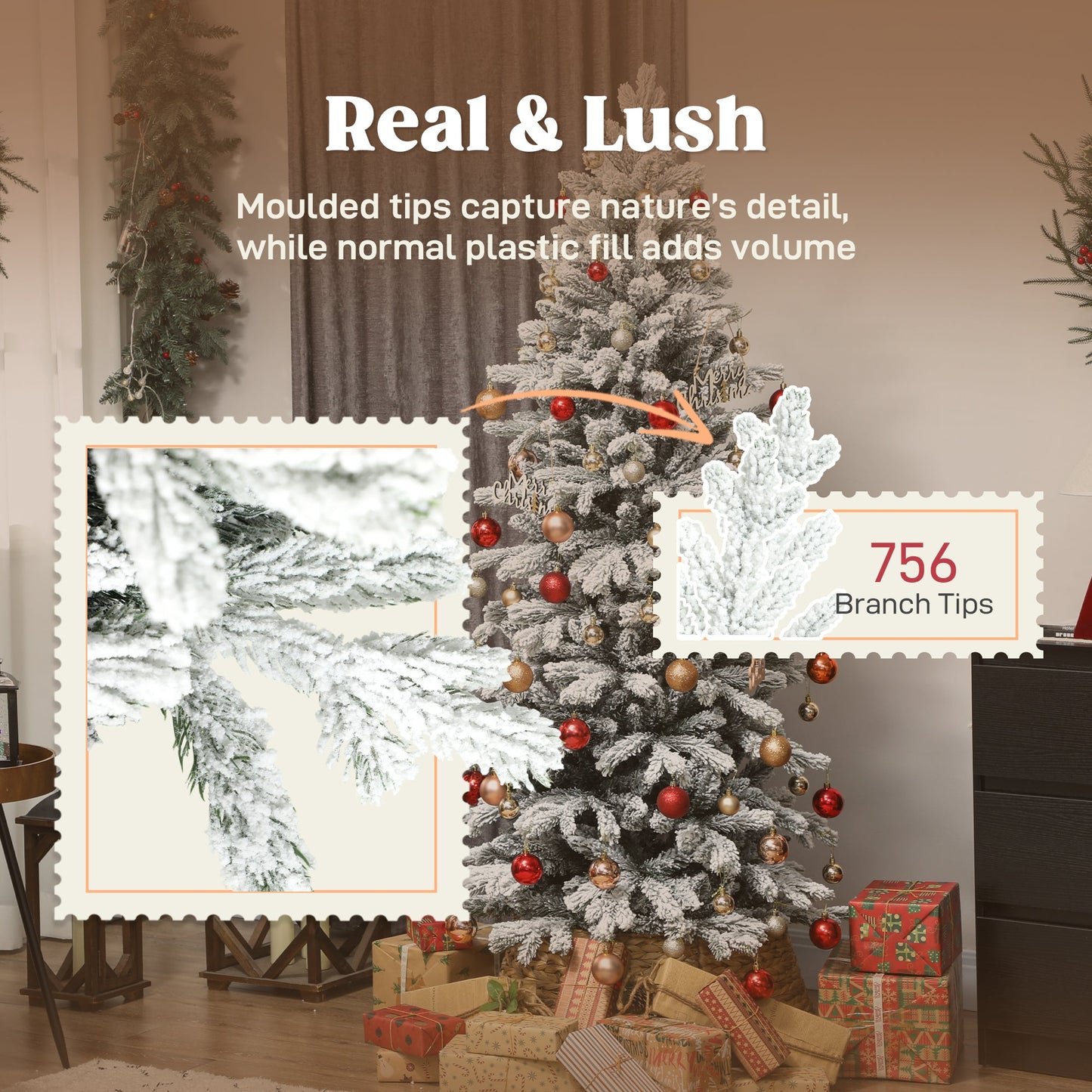 6ft Flocked Christmas Tree, Hinged Pencil Christmas Tree with 756 Tips, Realistic Branches, Easy Assembly, Slim Shape, Artificial Xmas Home Decoration, Green White