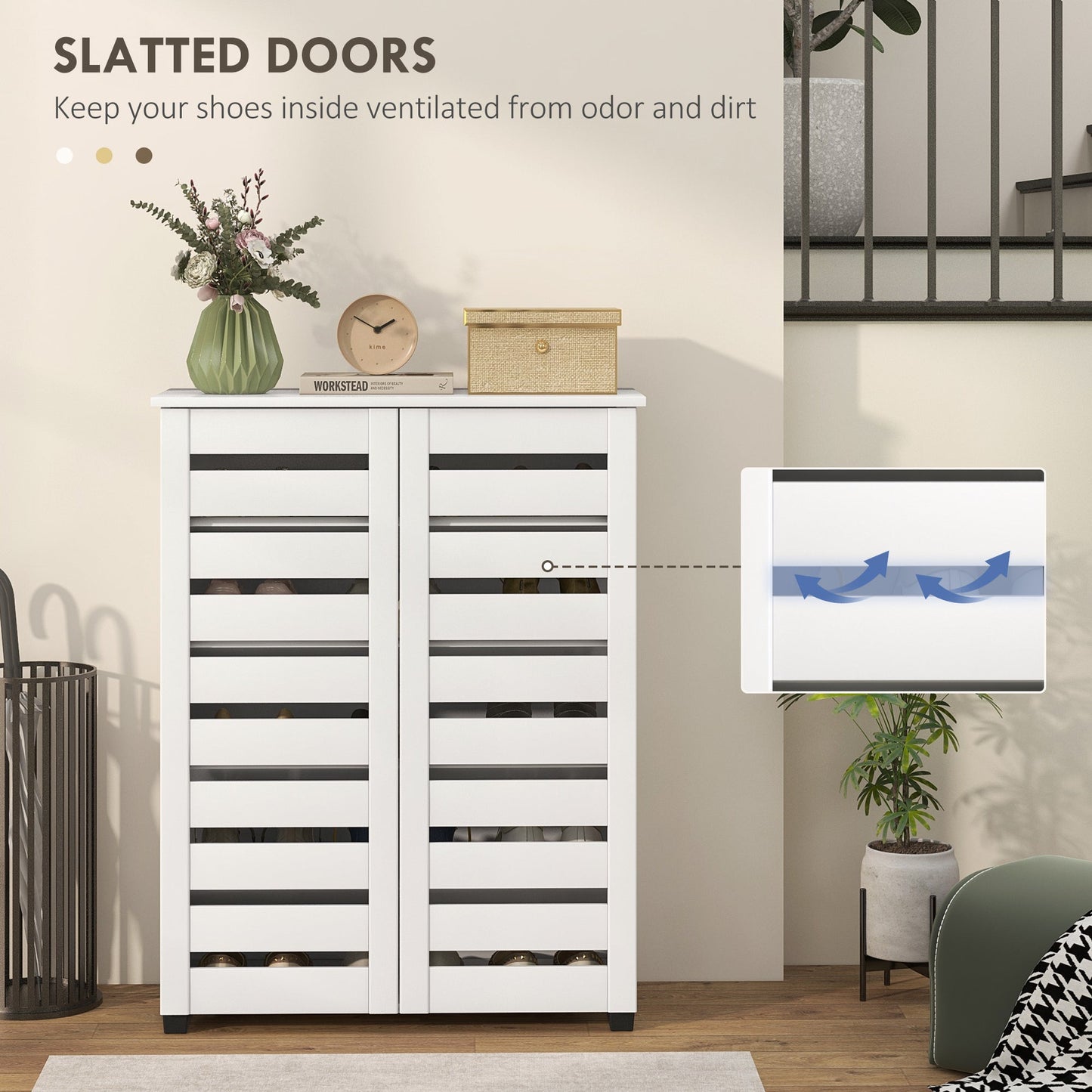Narrow Shoe Cabinet for Entryway, 5-Tier Slim Shoe Storage Cabinet with 2 Slatted Doors and Adjustable Shelves for 15 Pairs, White
