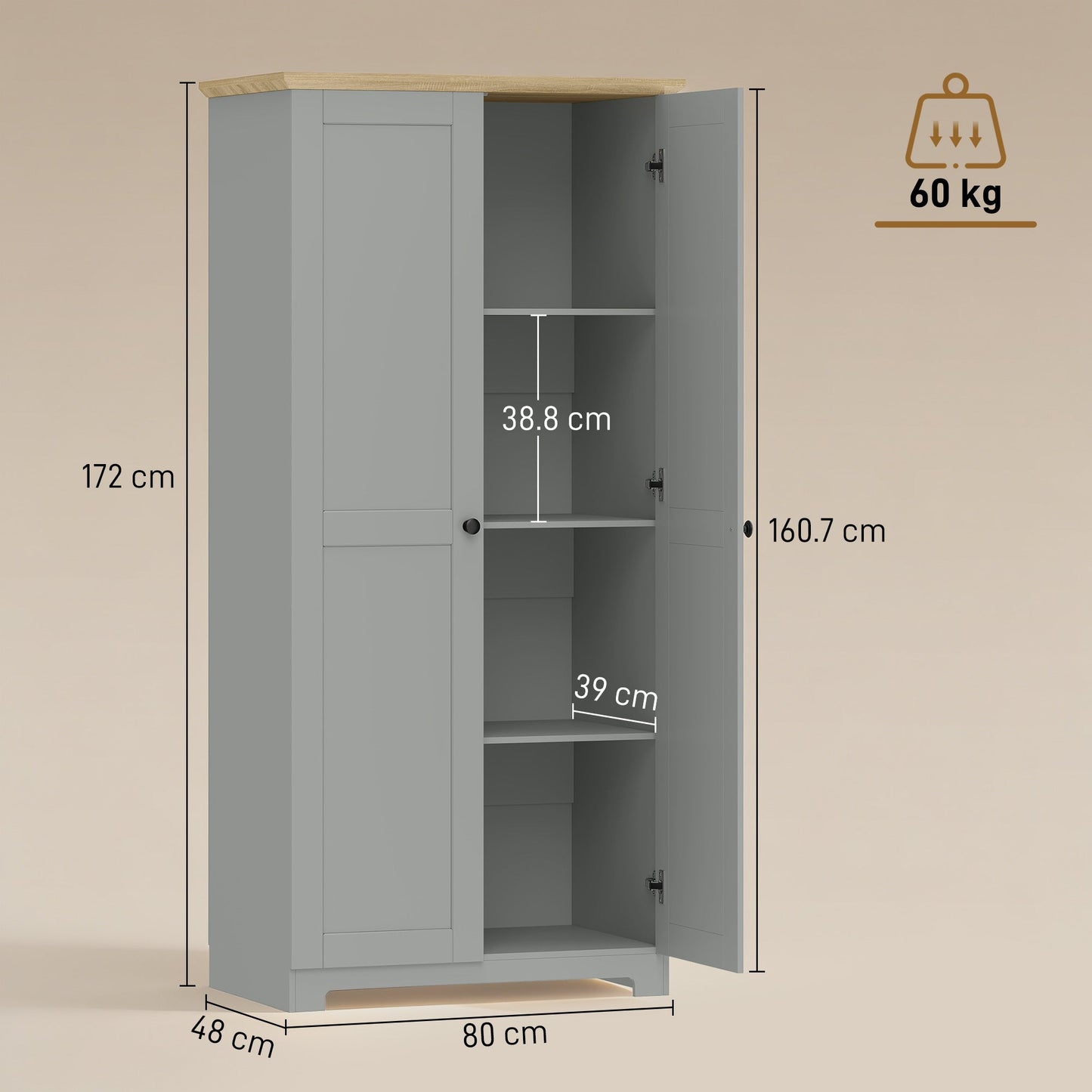 172cm Kitchen Cupboard, Freestanding Storage Cabinet with Doors and Shelves, Modern 2-Door Kitchen Pantry Cupboard for Dining Room, Grey
