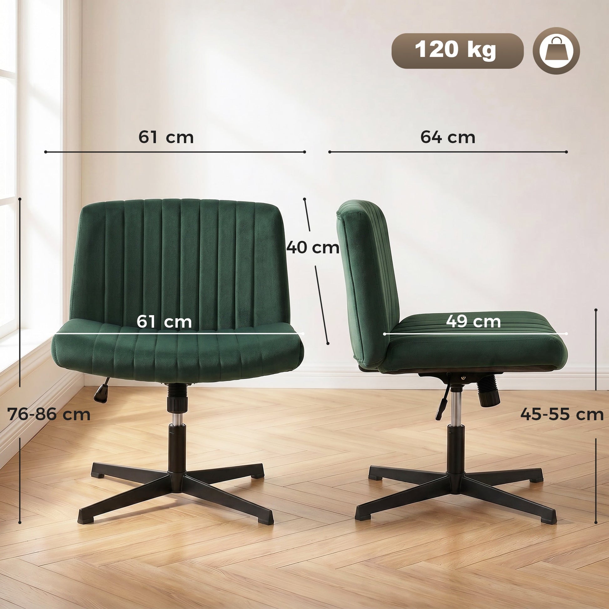 Armless Office Chair No Wheels, Flannel Criss Cross Legged Desk Chair with Wide Seat, Thick Padding, Rock Function, Height Adjustable Swivel Computer Seat for Home, Green