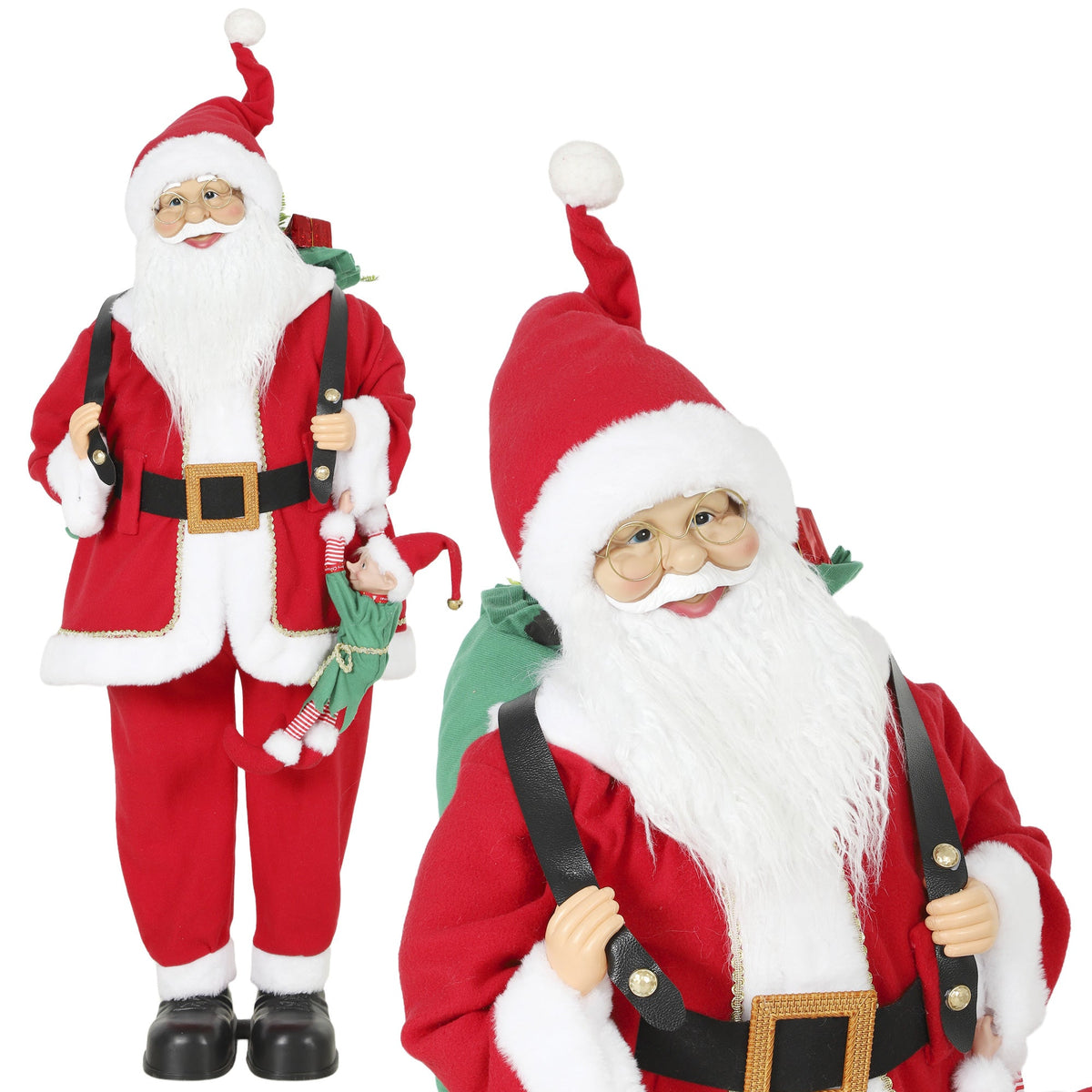 4ft Life Size Singing Dancing Santa Claus, 120 cm Standing Musical Animated Santa with Sack, Hanging Elf, Posable Arms, Handcrafted, Sound Touch Activated, Moving Christmas Figure Decoration