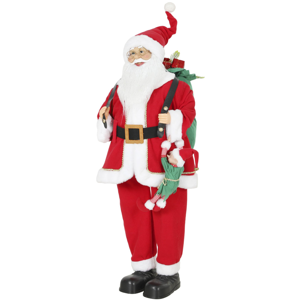 4ft Life Size Singing Dancing Santa Claus, 120 cm Standing Musical Animated Santa with Sack, Hanging Elf, Posable Arms, Handcrafted, Sound Touch Activated, Moving Christmas Figure Decoration