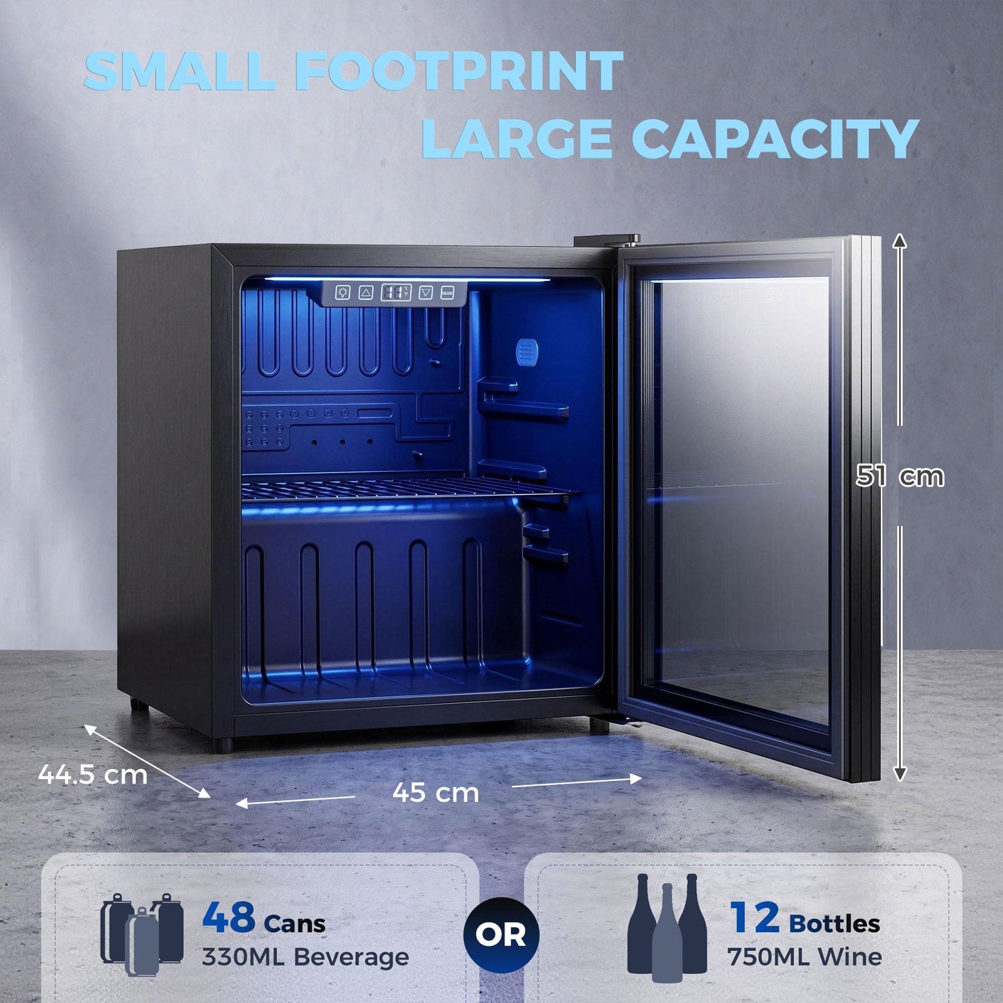 50L Drinks Fridge, 48 Can Under Counter Freestanding Beer Fridge with Double-Layer Glass Door, Wine Cooler with LED Light, Adjustable Shelf, Beverage Cooler for Soda Beer, Home Office