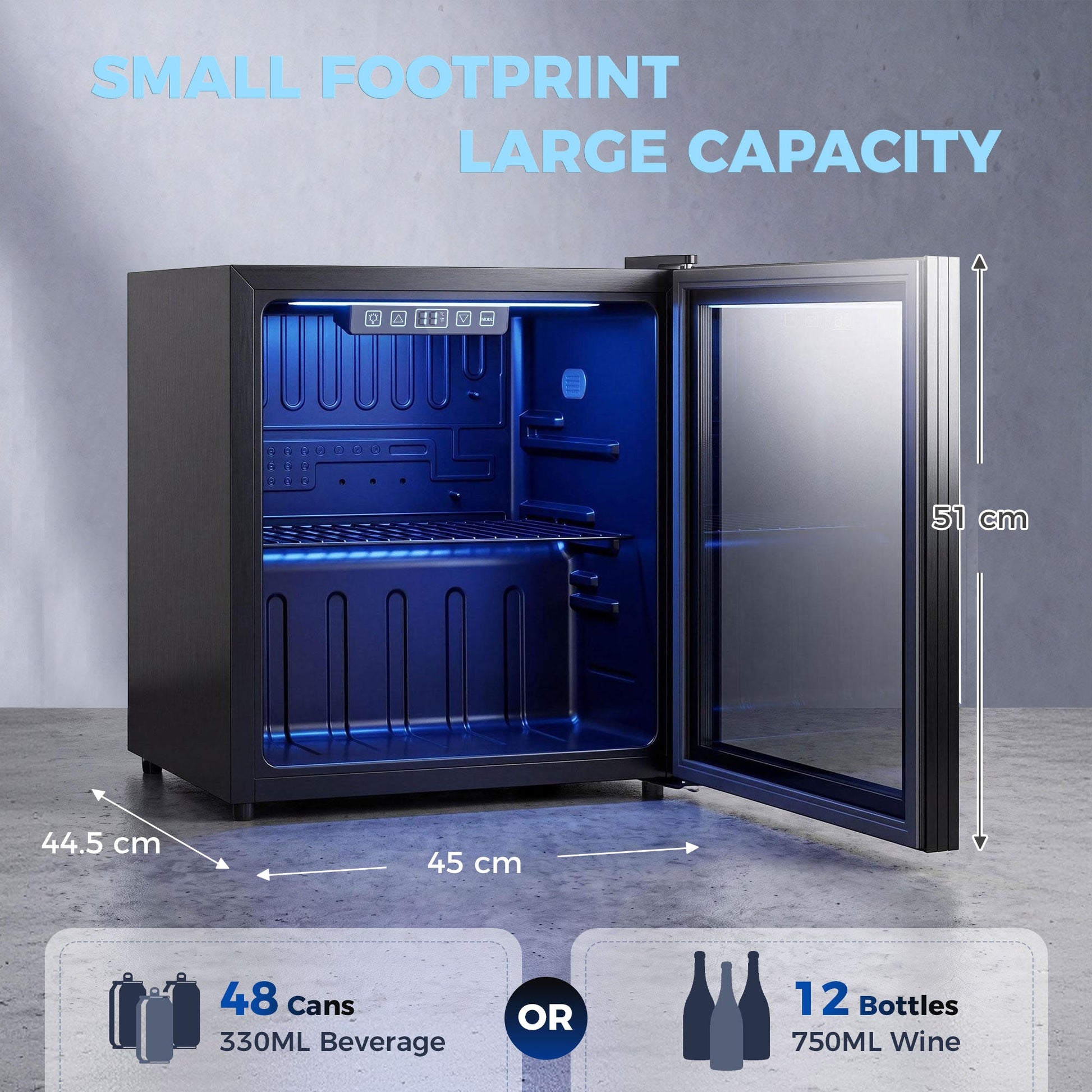 50L Drinks Fridge, 48 Can Under Counter Freestanding Beer Fridge with Double-Layer Glass Door, Wine Cooler with LED Light, Adjustable Shelf, Beverage Cooler for Soda Beer, Home Office
