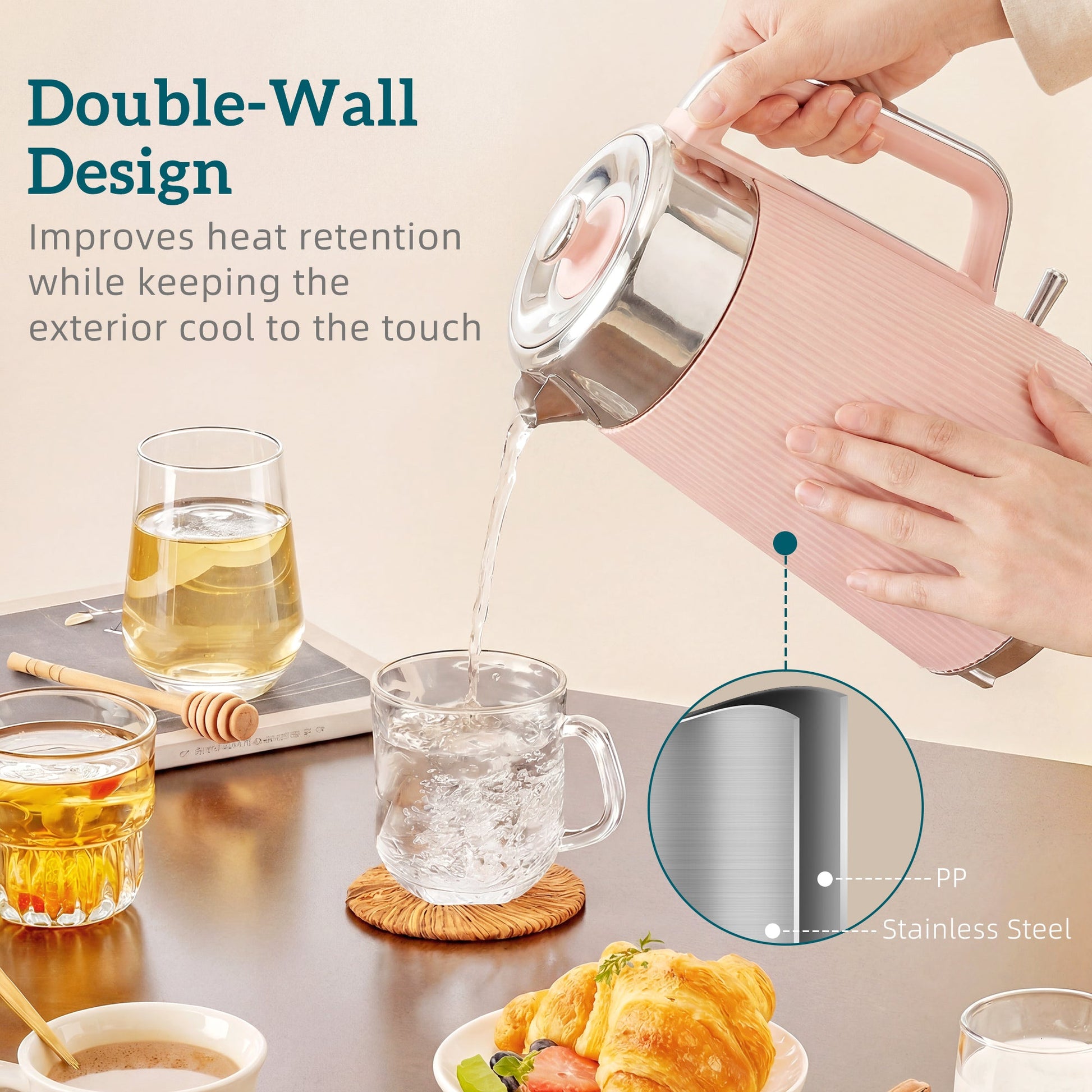 Electric Stainless Steel Kettle and Toaster Set, 3000W 1.7L UK Strix Thermostat Fast Boil Kettle w/ Limescale Filter, Cool Touch Body, 4 Slice Toaster with 7 Browning Levels, Crumb Tray, Pink