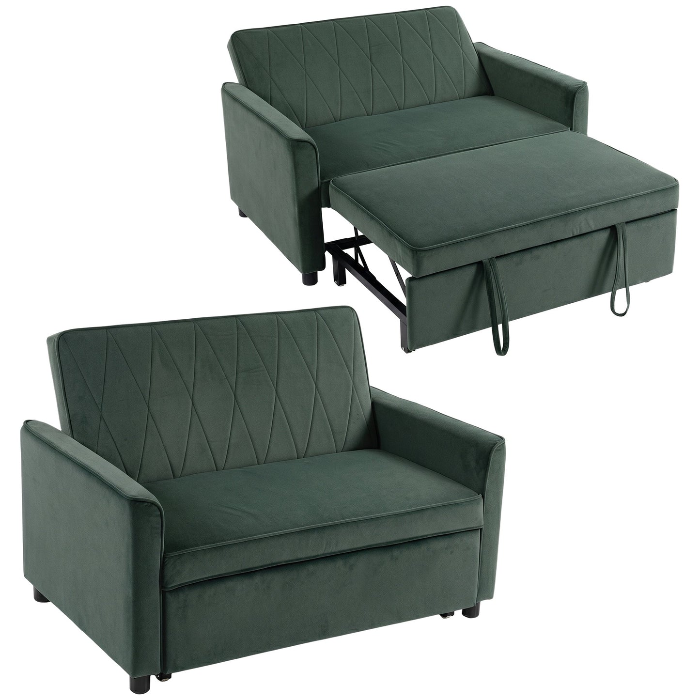 2 Seater Sofa Bed, 3-in-1 Convertible Pull Out Sleeper Sofa, Velvet Loveseat Bed Settee with Clik-Clack Adjustable Backrest, High-Density Foam for Living Room, Bedroom, Guest Room, Dark Green
