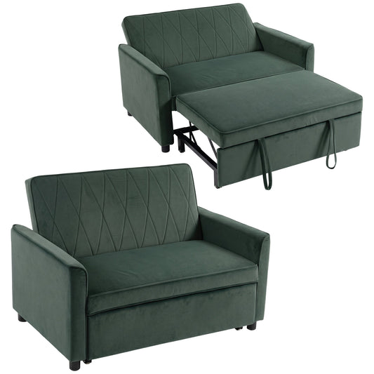 2 Seater Sofa Bed, 3-in-1 Convertible Pull Out Sleeper Sofa, Velvet Loveseat Bed Settee with Clik-Clack Adjustable Backrest, High-Density Foam for Living Room, Bedroom, Guest Room, Dark Green