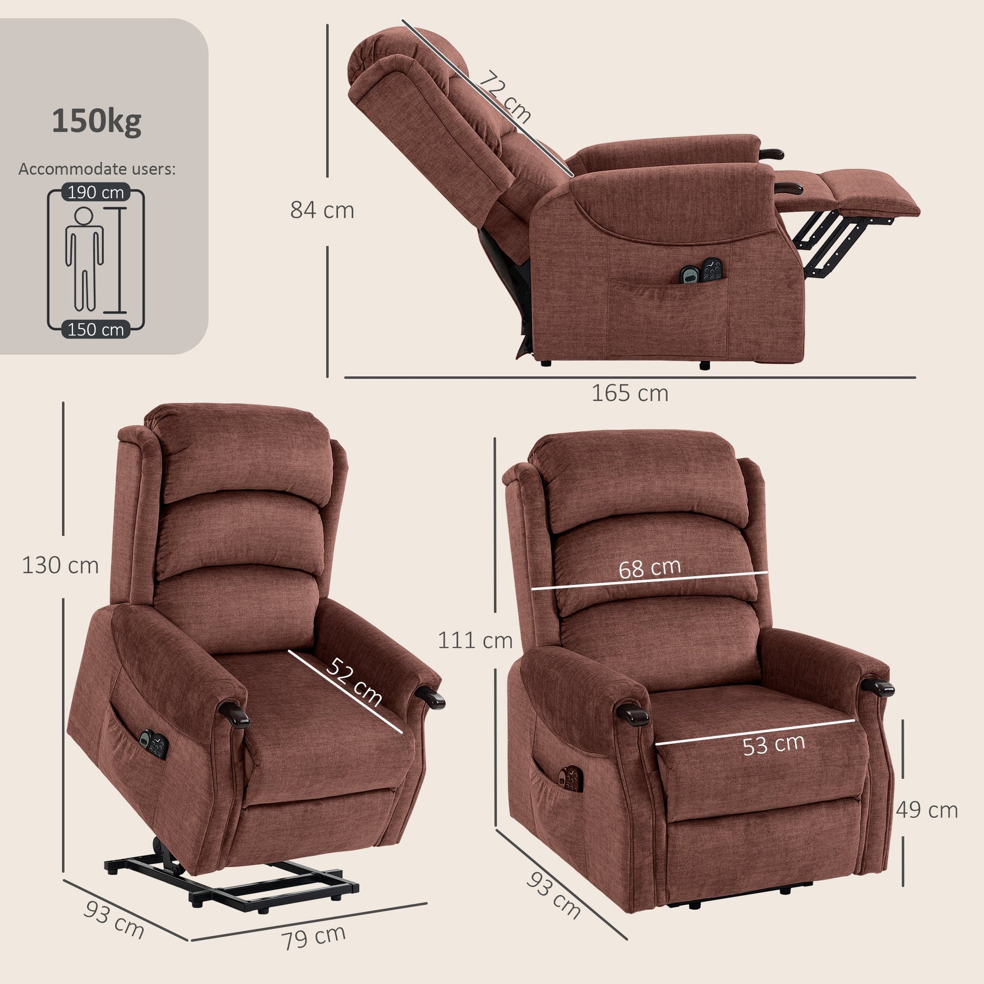 Power Lift Recliner Chair with Vibration Massage and Heat, Electric Lift Chair with Wood Grip, Pocket Spring, Fabric Riser and Reclining Armchair with Remote, Quick Assembly, Brown