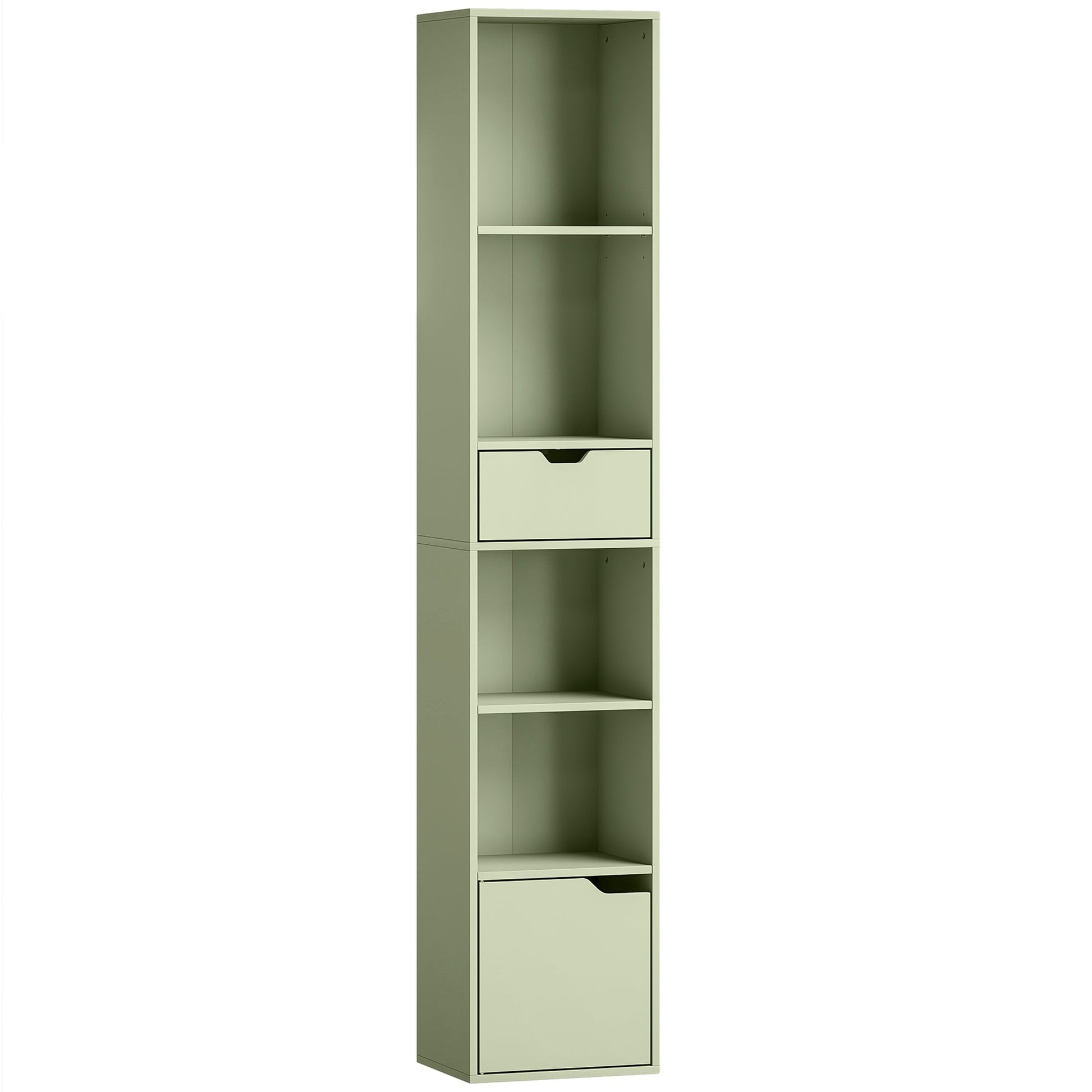 6-Tier Bookcase, Tall Narrow Bookshelf with Drawer, Door, Adjustable Shelf, Modern Display Standing Shelving Unit for Living Room, Home Office, Bedroom, 30 x 24 x 158 cm, Green