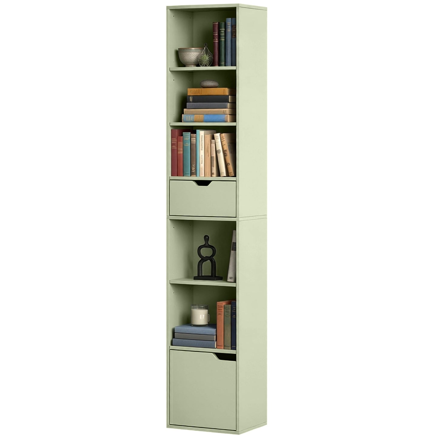 6-Tier Bookcase, Tall Narrow Bookshelf with Drawer, Door, Adjustable Shelf, Modern Display Standing Shelving Unit for Living Room, Home Office, Bedroom, 30 x 24 x 158 cm, Green