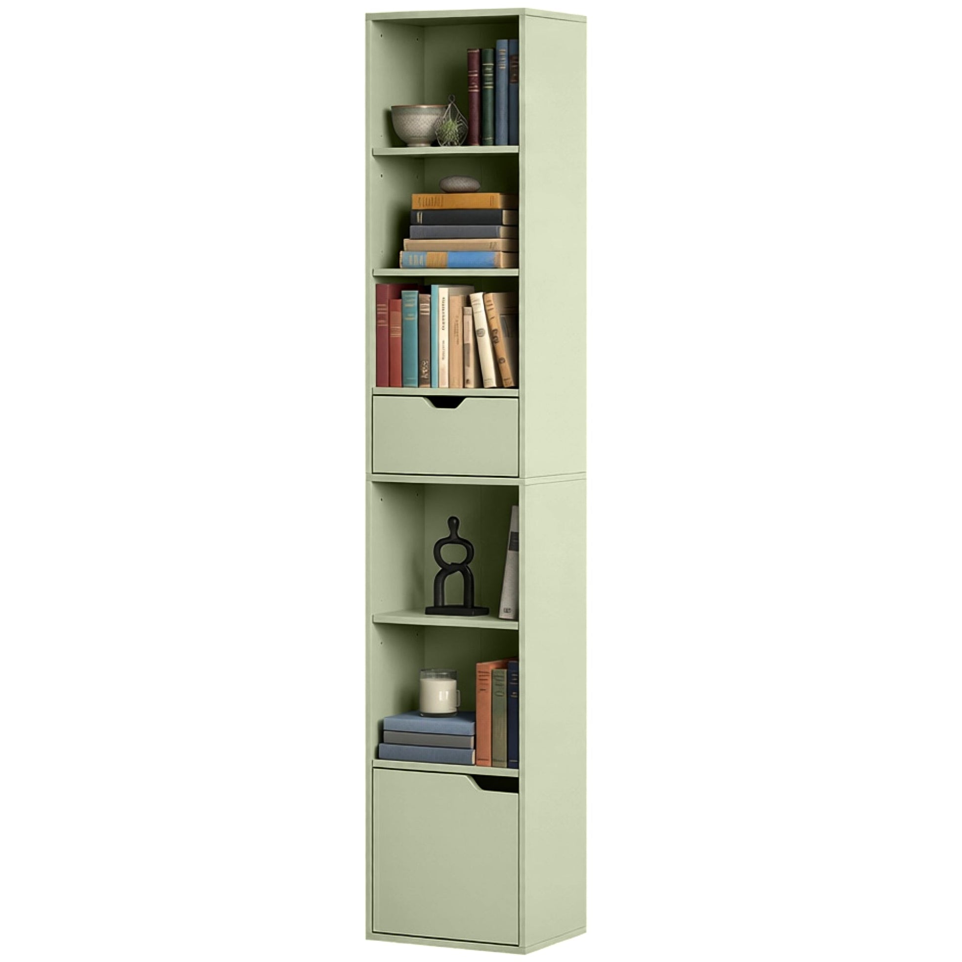 6-Tier Bookcase, Tall Narrow Bookshelf with Drawer, Door, Adjustable Shelf, Modern Display Standing Shelving Unit for Living Room, Home Office, Bedroom, 30 x 24 x 158 cm, Green