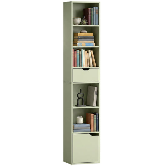 6-Tier Bookcase, Tall Narrow Bookshelf with Drawer, Door, Adjustable Shelf, Modern Display Standing Shelving Unit for Living Room, Home Office, Bedroom, 30 x 24 x 158 cm, Green
