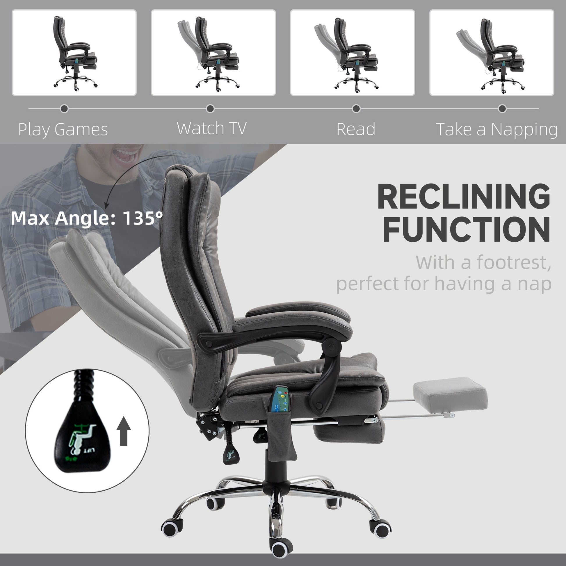 Vinsetto Office Chair with Massage and Heat, Microfibre Reclining Computer Desk Chair with Footrest and Adjustable Height, Swivel Wheels for Home Office, Charcoal Grey