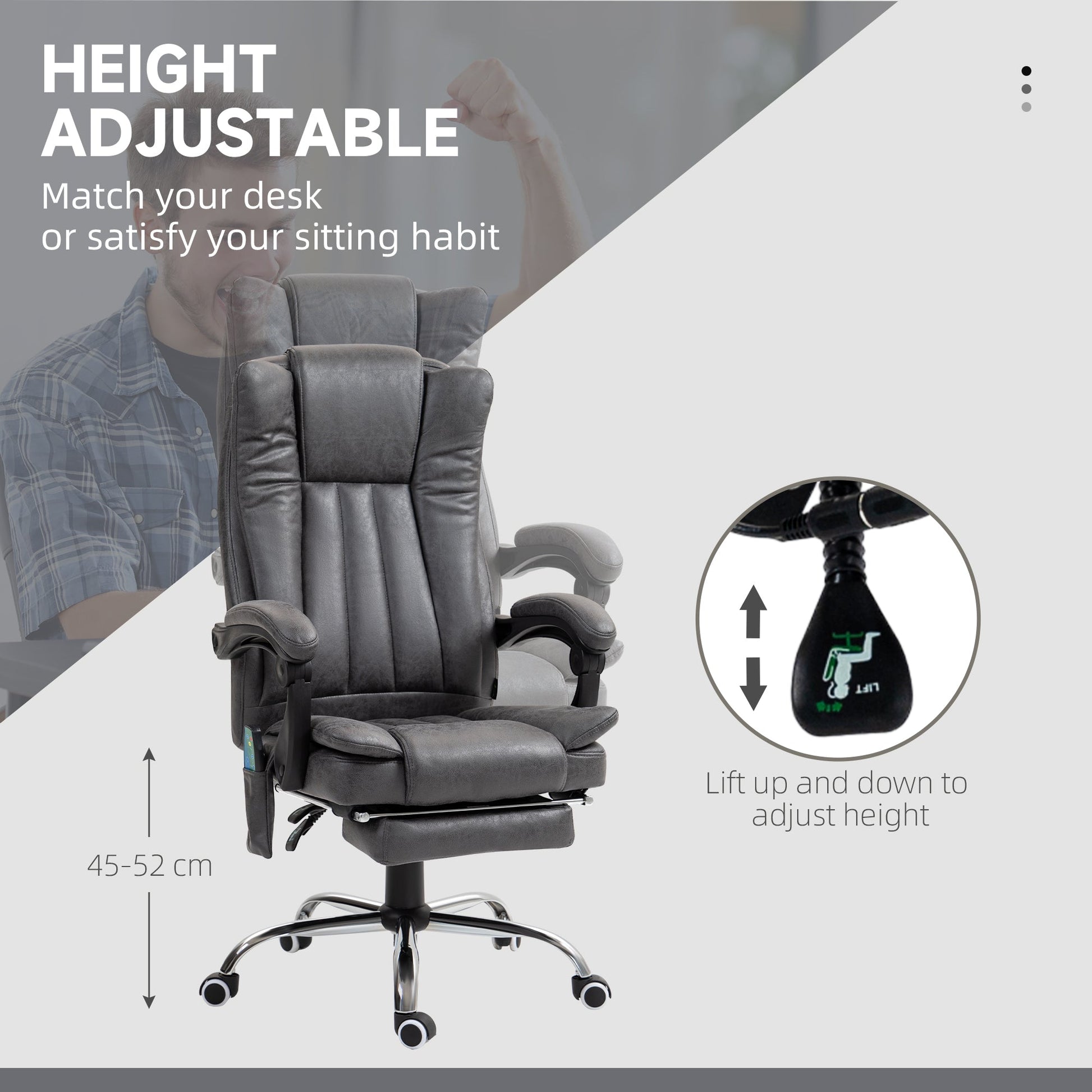 Vinsetto Office Chair with Massage and Heat, Microfibre Reclining Computer Desk Chair with Footrest and Adjustable Height, Swivel Wheels for Home Office, Charcoal Grey