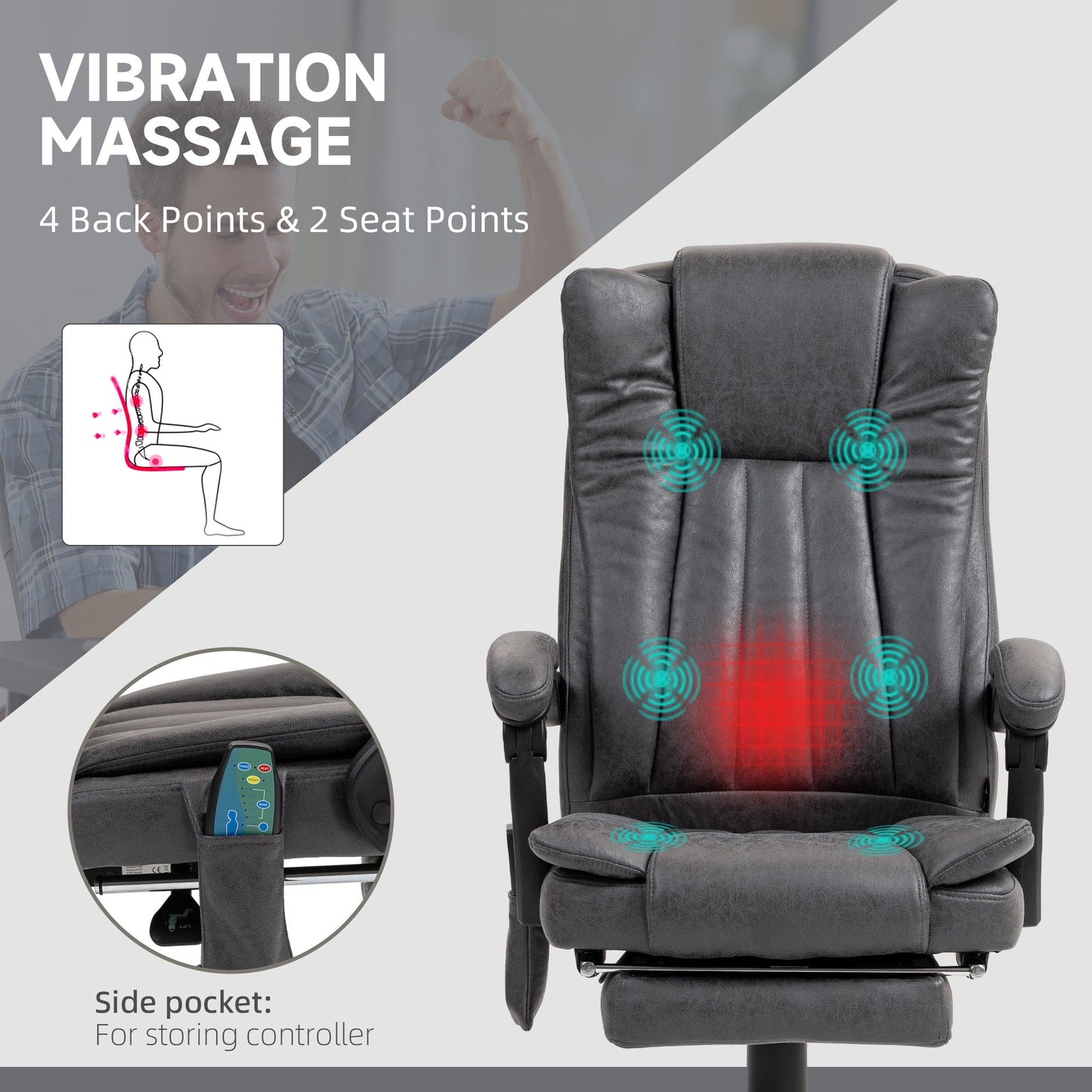 Vinsetto Office Chair with Massage and Heat, Microfibre Reclining Computer Desk Chair with Footrest and Adjustable Height, Swivel Wheels for Home Office, Charcoal Grey