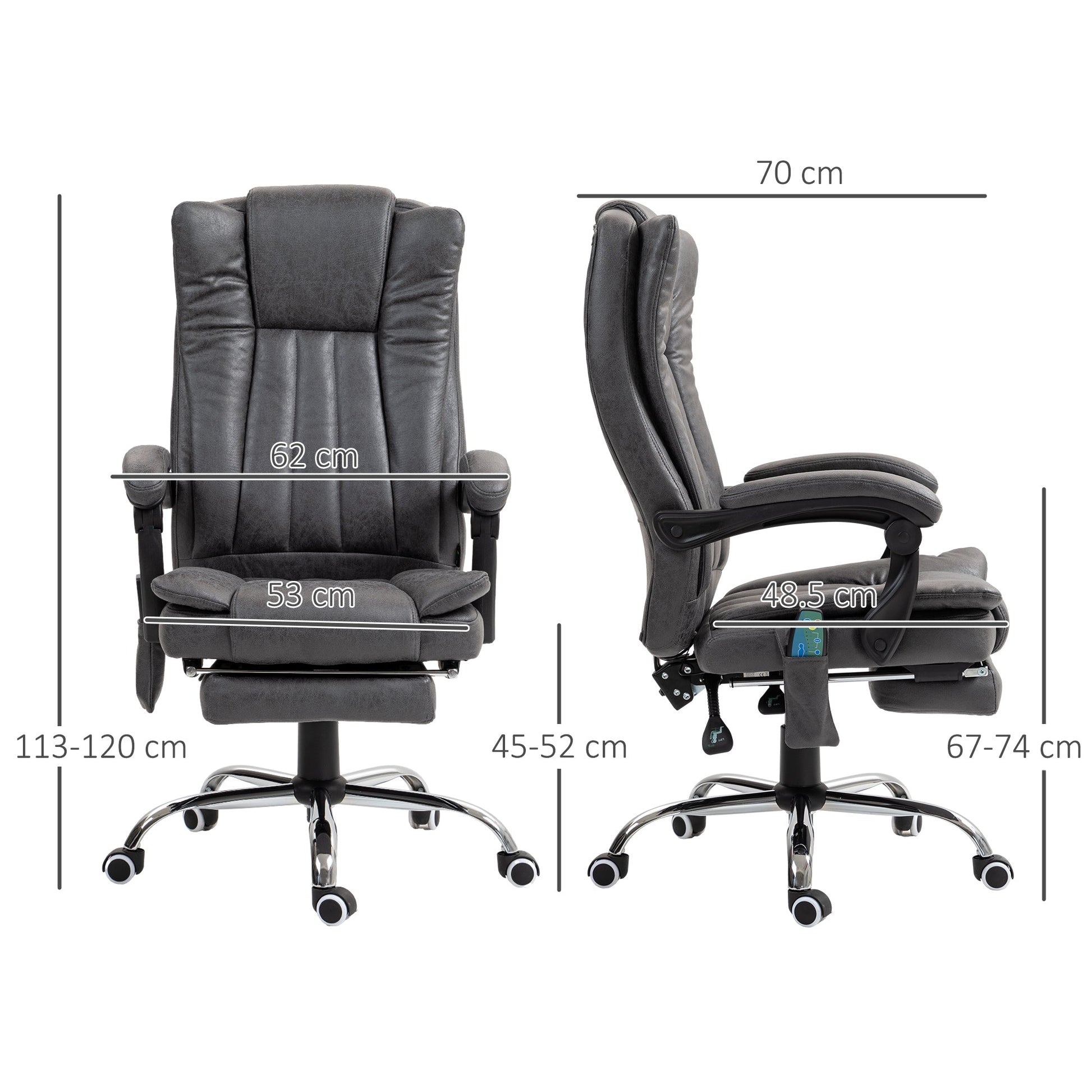 Vinsetto Office Chair with Massage and Heat, Microfibre Reclining Computer Desk Chair with Footrest and Adjustable Height, Swivel Wheels for Home Office, Charcoal Grey