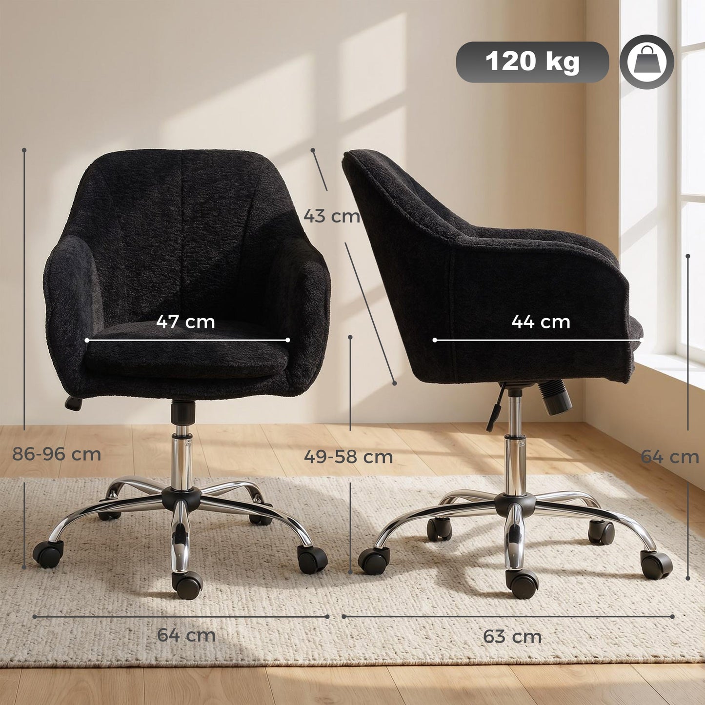 Snow Flannel Office Chair, Modern Makeup Vanity Chair with Tub Back, Swivel Rolling Computer Armchair for Bedroom, Living Room, Black