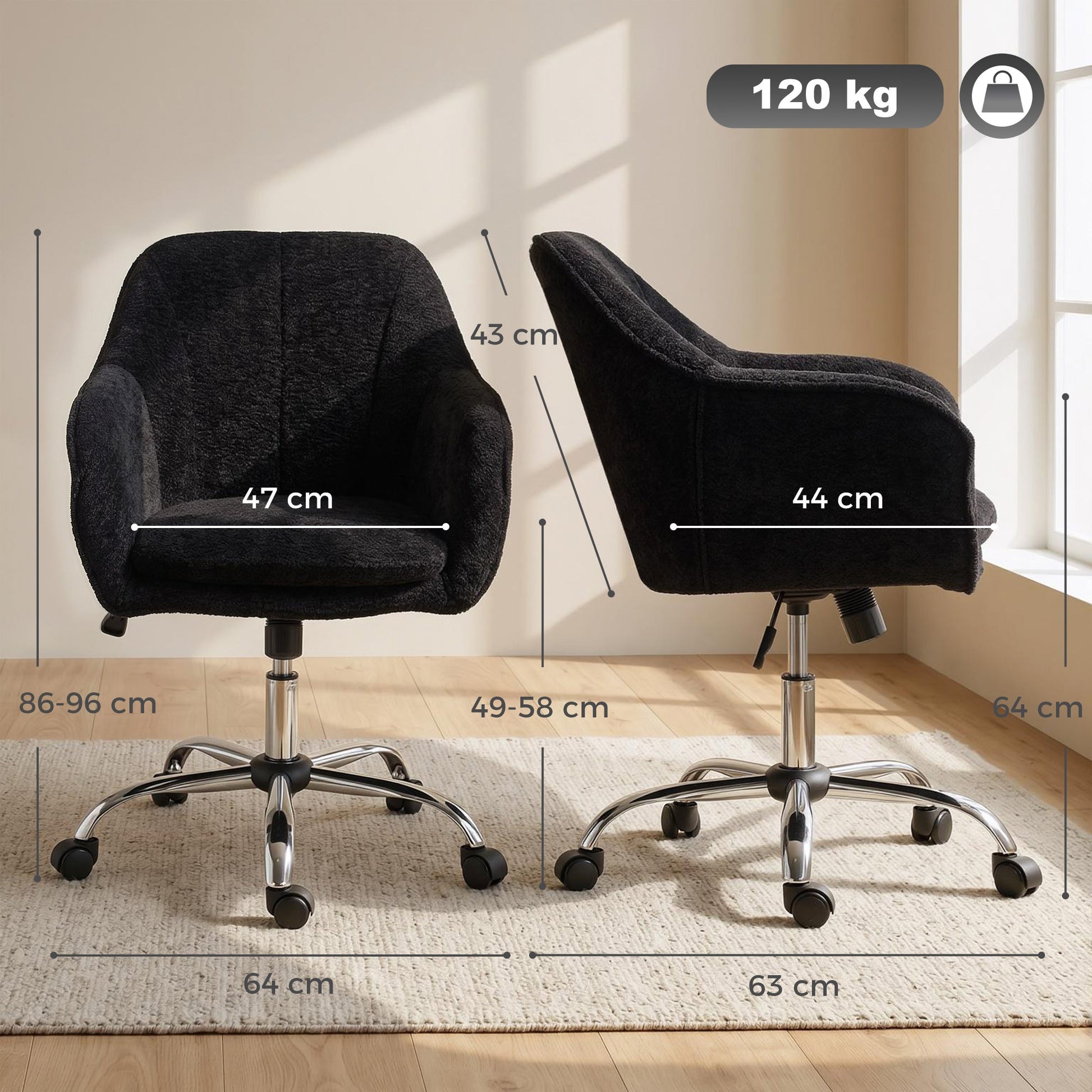 Snow Flannel Office Chair, Modern Makeup Vanity Chair with Tub Back, Swivel Rolling Computer Armchair for Bedroom, Living Room, Black