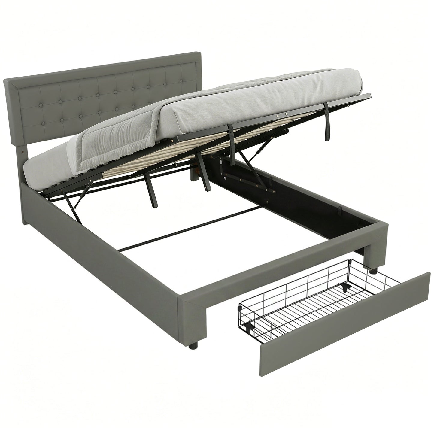 Upholstered Ottoman Bed with Storage Drawer and Adjustable Headboard, 5ft King Size Bed Frame with Gas Lift End Opening, Wooden Slats, No Mattress, Grey