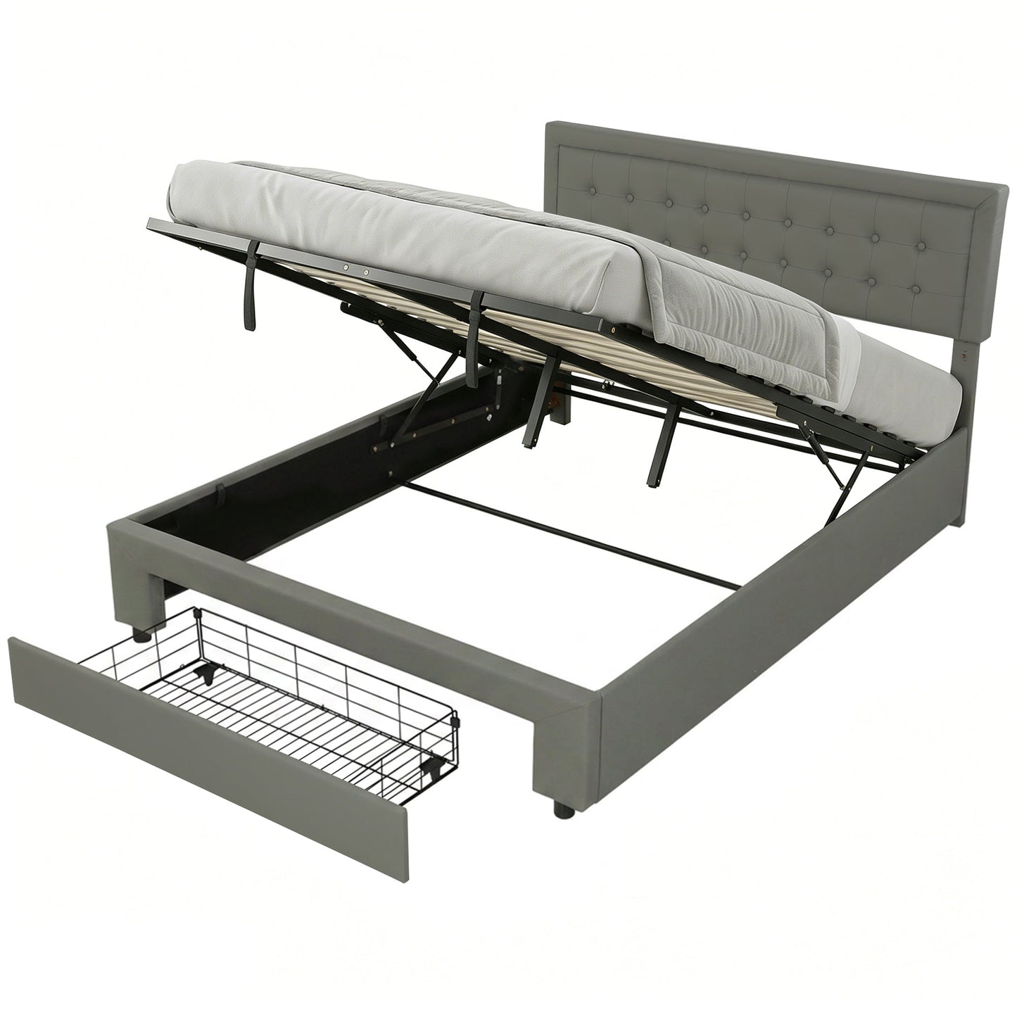 Upholstered Ottoman Bed with Storage Drawer and Adjustable Headboard, 5ft King Size Bed Frame with Gas Lift End Opening, Wooden Slats, No Mattress, Grey