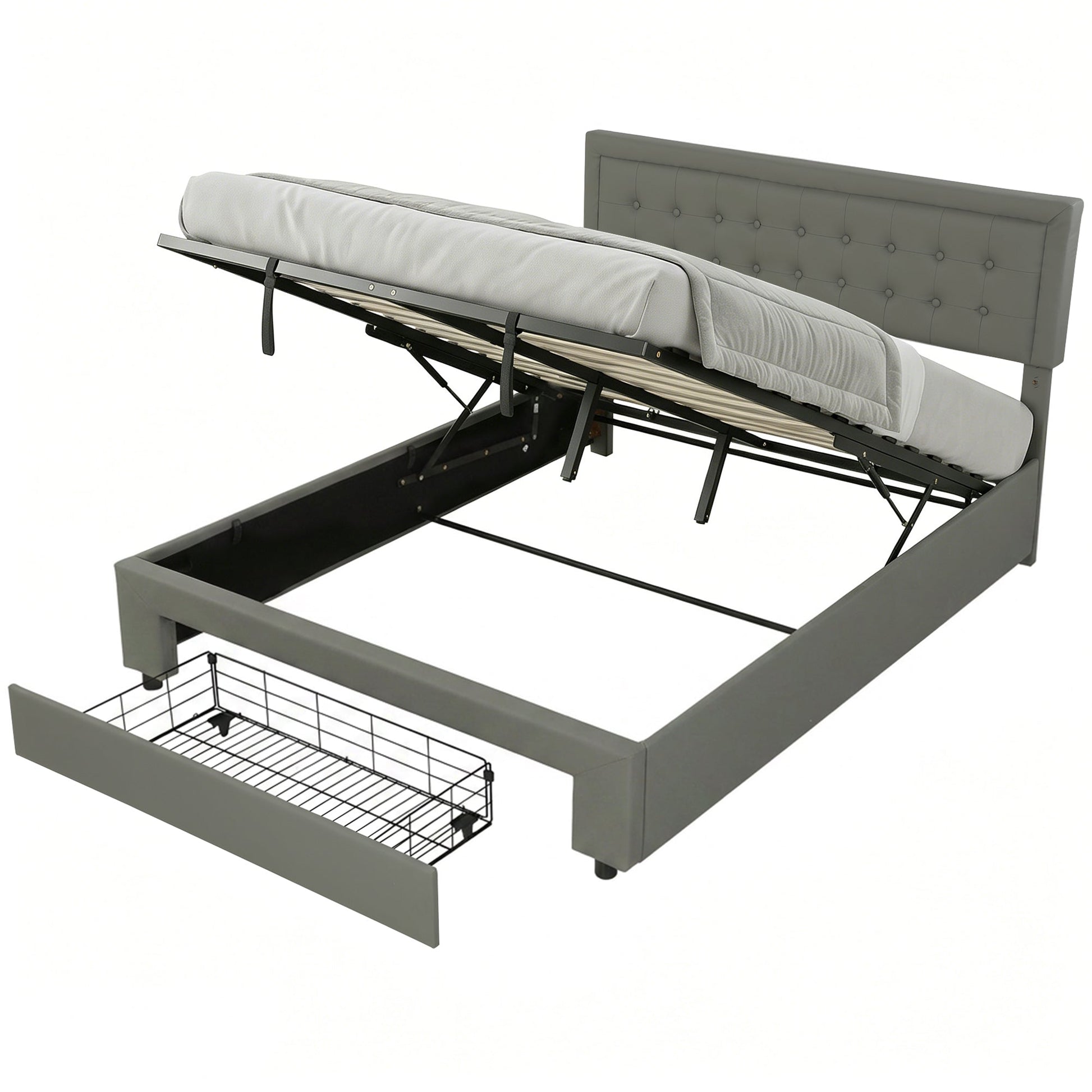 Upholstered Ottoman Bed with Storage Drawer and Adjustable Headboard, 5ft King Size Bed Frame with Gas Lift End Opening, Wooden Slats, No Mattress, Grey
