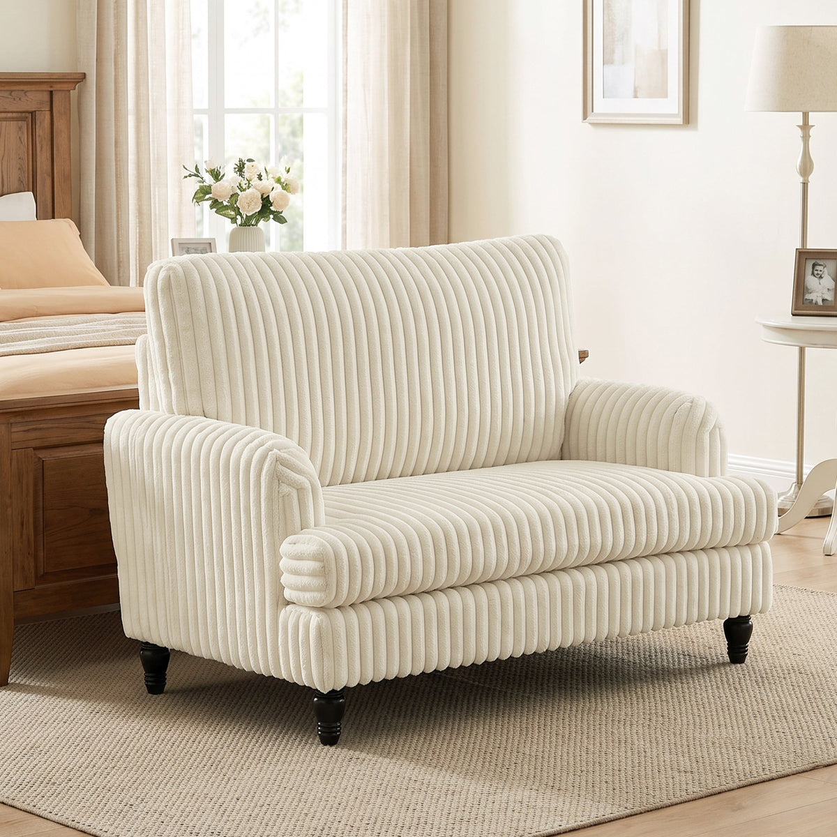 Modern Accent Chair, Corduroy Single Sofa Armchair with Stripes, Turned Legs and Wide Seat, Upholstered Snuggle Chair for Living Room, Bedroom, Cream