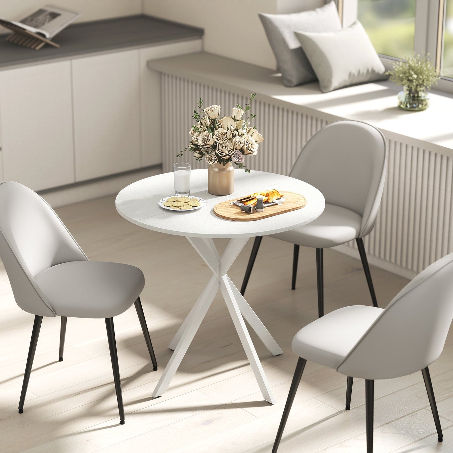 80cm Round Dining Table, Industrial Kitchen Table with Cross Steel Legs for Dining Room, Kitchen, Living Room, White