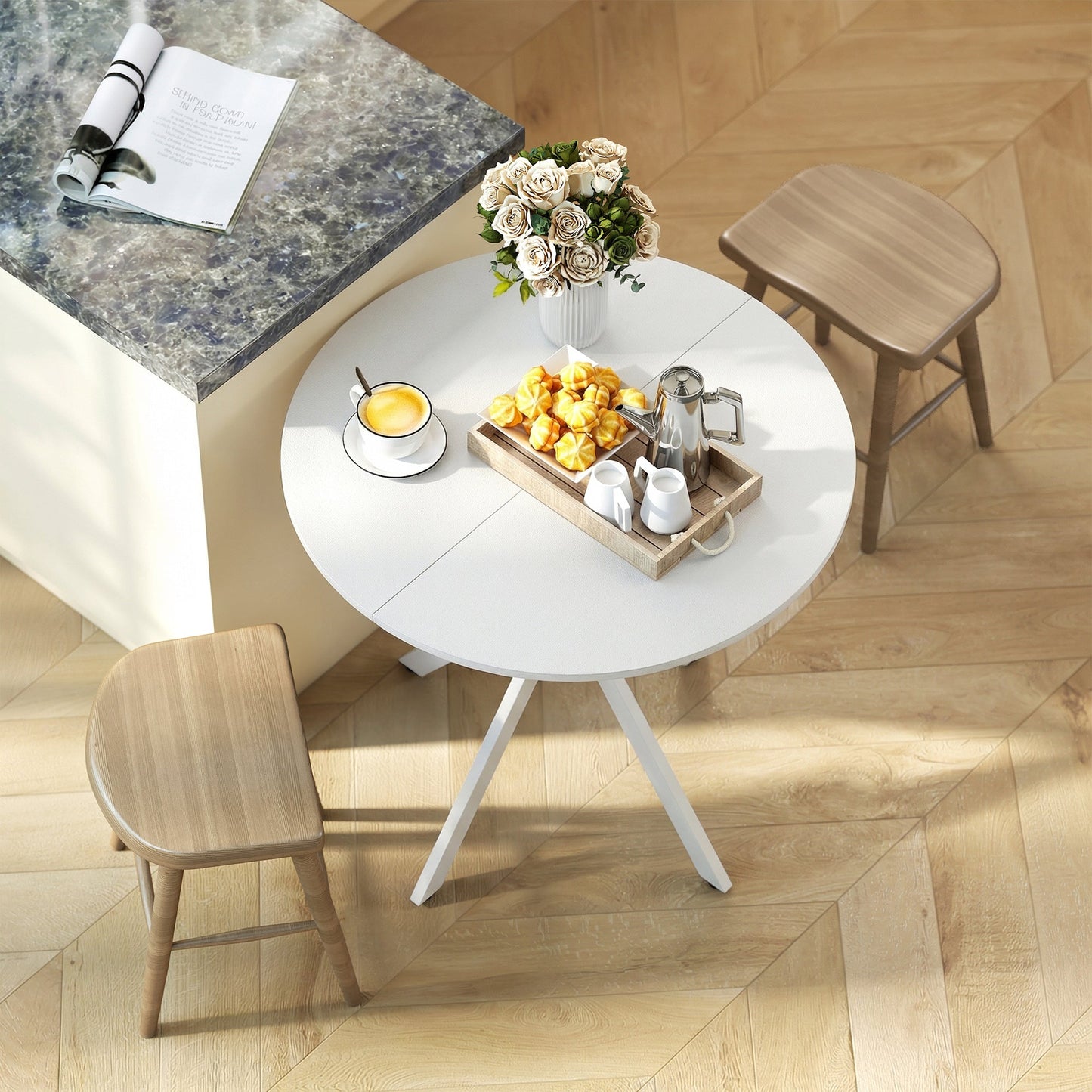 80cm Round Dining Table, Industrial Kitchen Table with Cross Steel Legs for Dining Room, Kitchen, Living Room, White