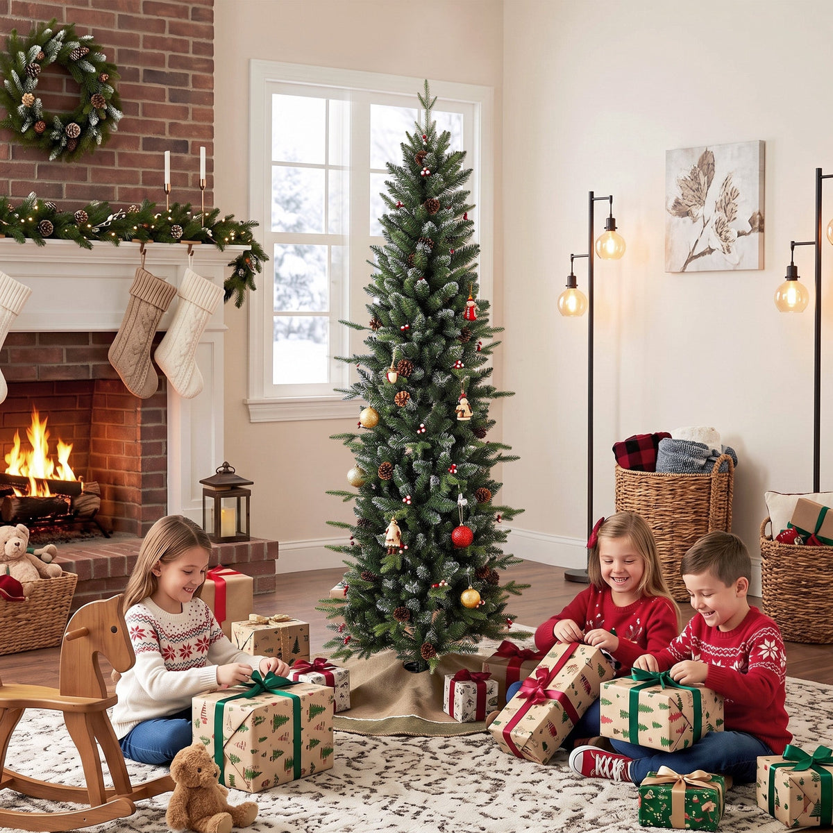 6ft/180cm Artificial Christmas Tree, Slim Gracious Pine Xmas Tree with 688 Branch Tips, Foldable Steel Stand, Easy Assembly for Home Office Holiday Decoration, Green