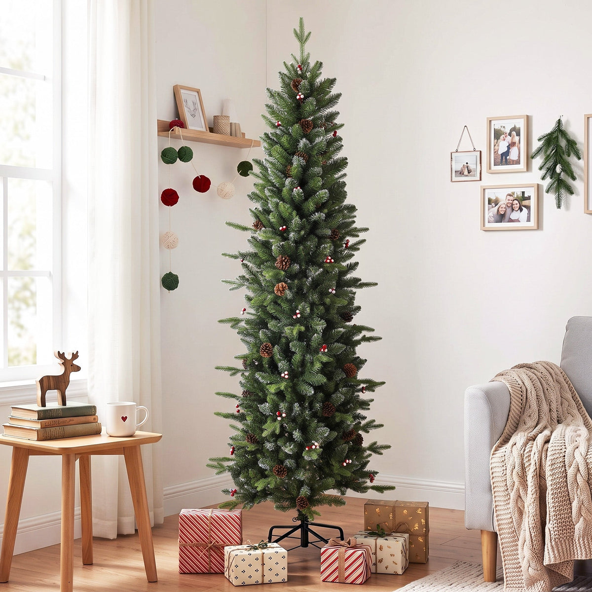 6ft/180cm Artificial Christmas Tree, Slim Gracious Pine Xmas Tree with 688 Branch Tips, Foldable Steel Stand, Easy Assembly for Home Office Holiday Decoration, Green