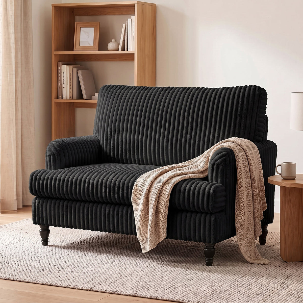 Modern Accent Chair, Corduroy Single Sofa Armchair with Stripes, Turned Legs and Wide Seat, Upholstered Snuggle Chair for Living Room, Bedroom, Black
