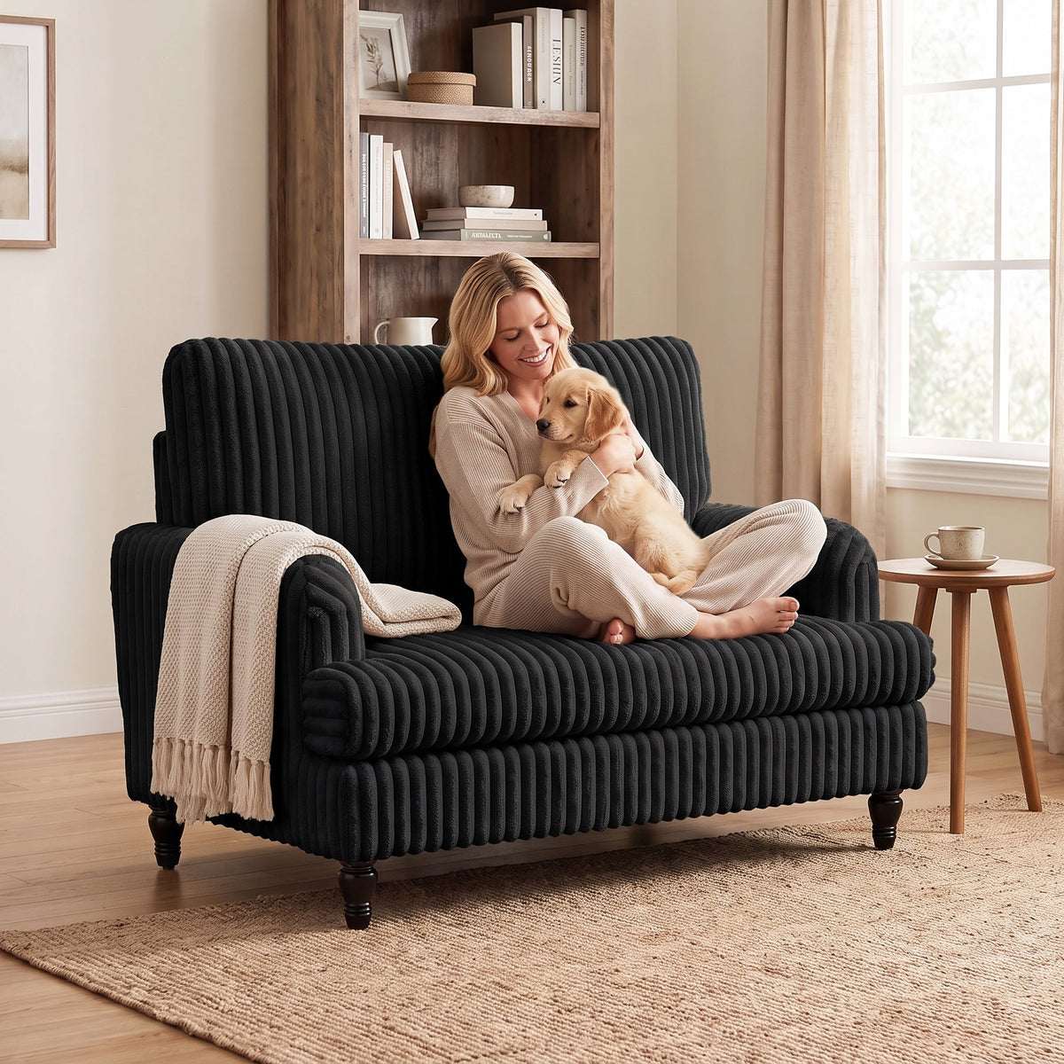 Modern Accent Chair, Corduroy Single Sofa Armchair with Stripes, Turned Legs and Wide Seat, Upholstered Snuggle Chair for Living Room, Bedroom, Black