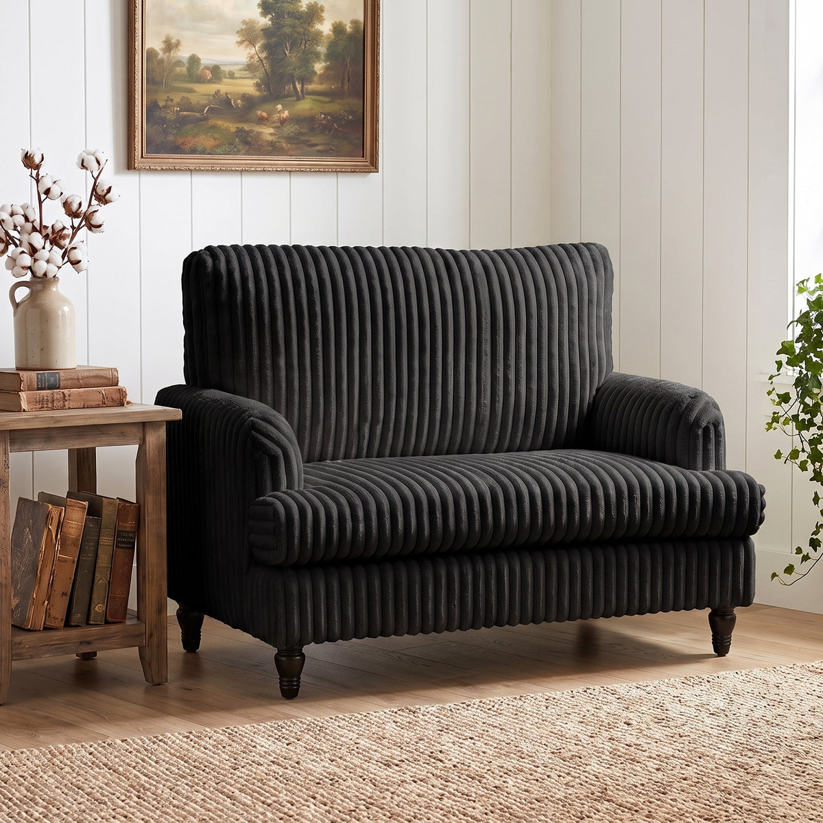 Modern Accent Chair, Corduroy Single Sofa Armchair with Stripes, Turned Legs and Wide Seat, Upholstered Snuggle Chair for Living Room, Bedroom, Black