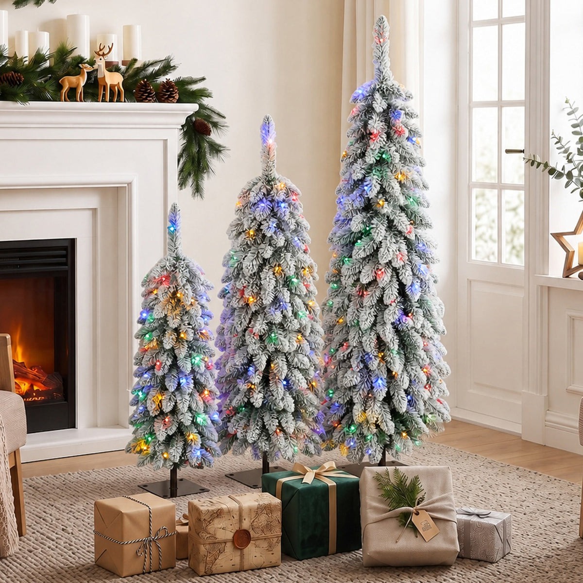 Artificial Christmas Tree Set of 3, Snowy Pre-Lit Christmas Trees with PVC Branch Tips and Multicolour LED Lights, Slim Pencil Xmas Decorations, 90/120/150 cm, Green White