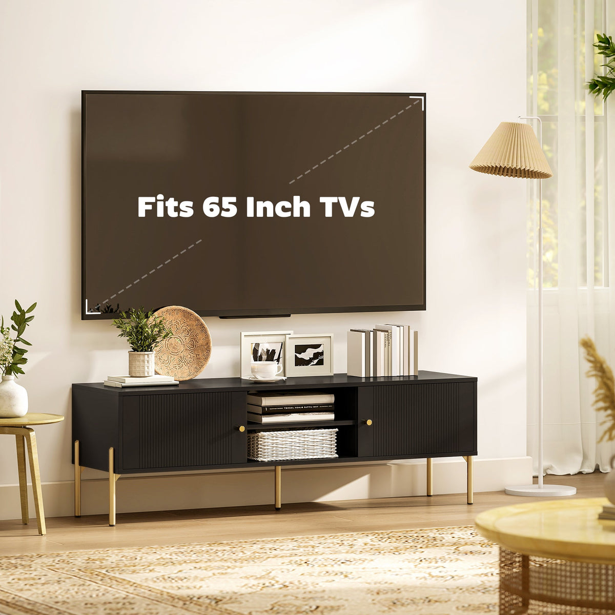 TV Stand for Television up to 65 Inch, Modern Entertainment Center with 2 Open Shelves, 2 Cabinets and 5 Steel Legs, TV Console with 2 Cable Holes for Living Room, Black