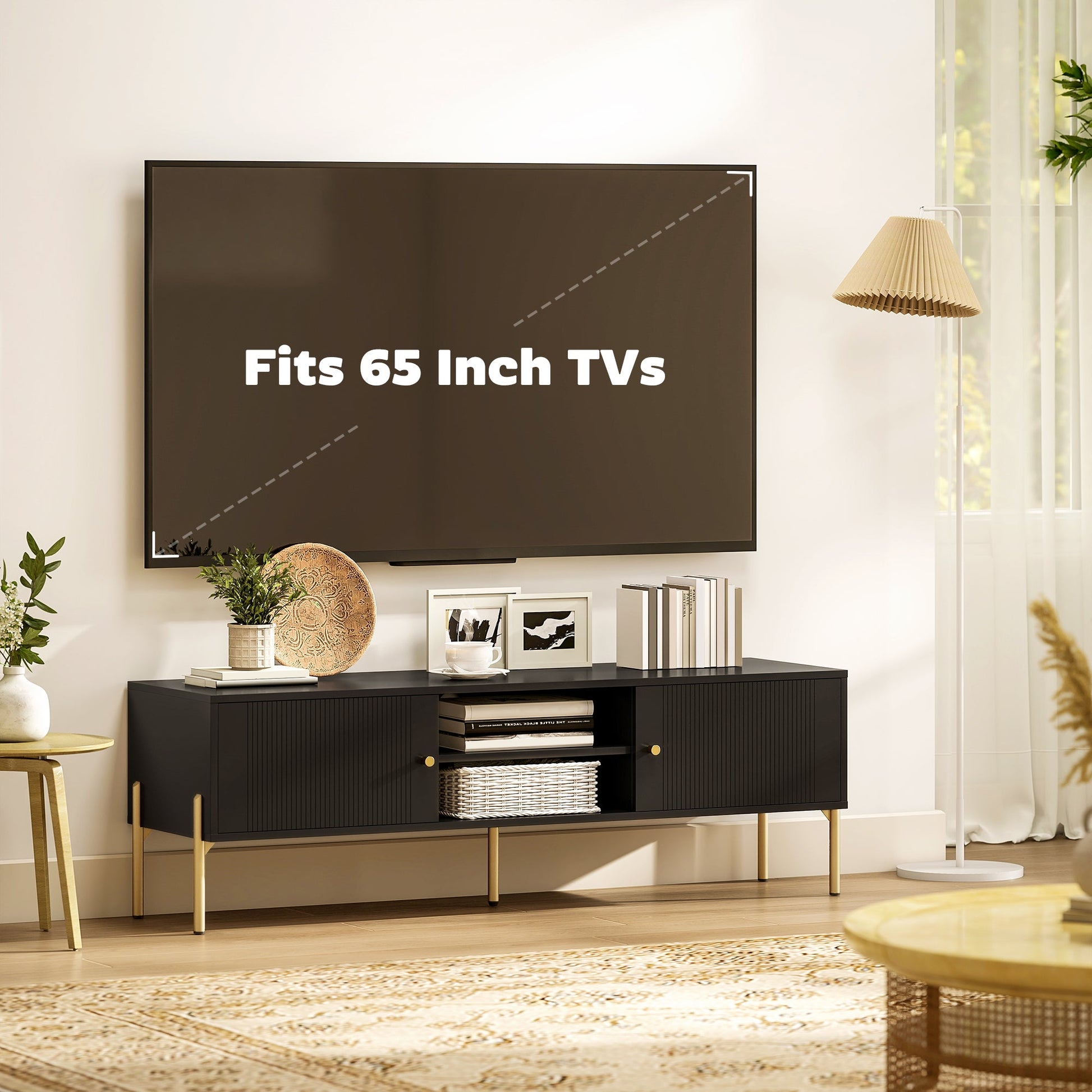 TV Stand for Television up to 65 Inch, Modern Entertainment Center with 2 Open Shelves, 2 Cabinets and 5 Steel Legs, TV Console with 2 Cable Holes for Living Room, Black