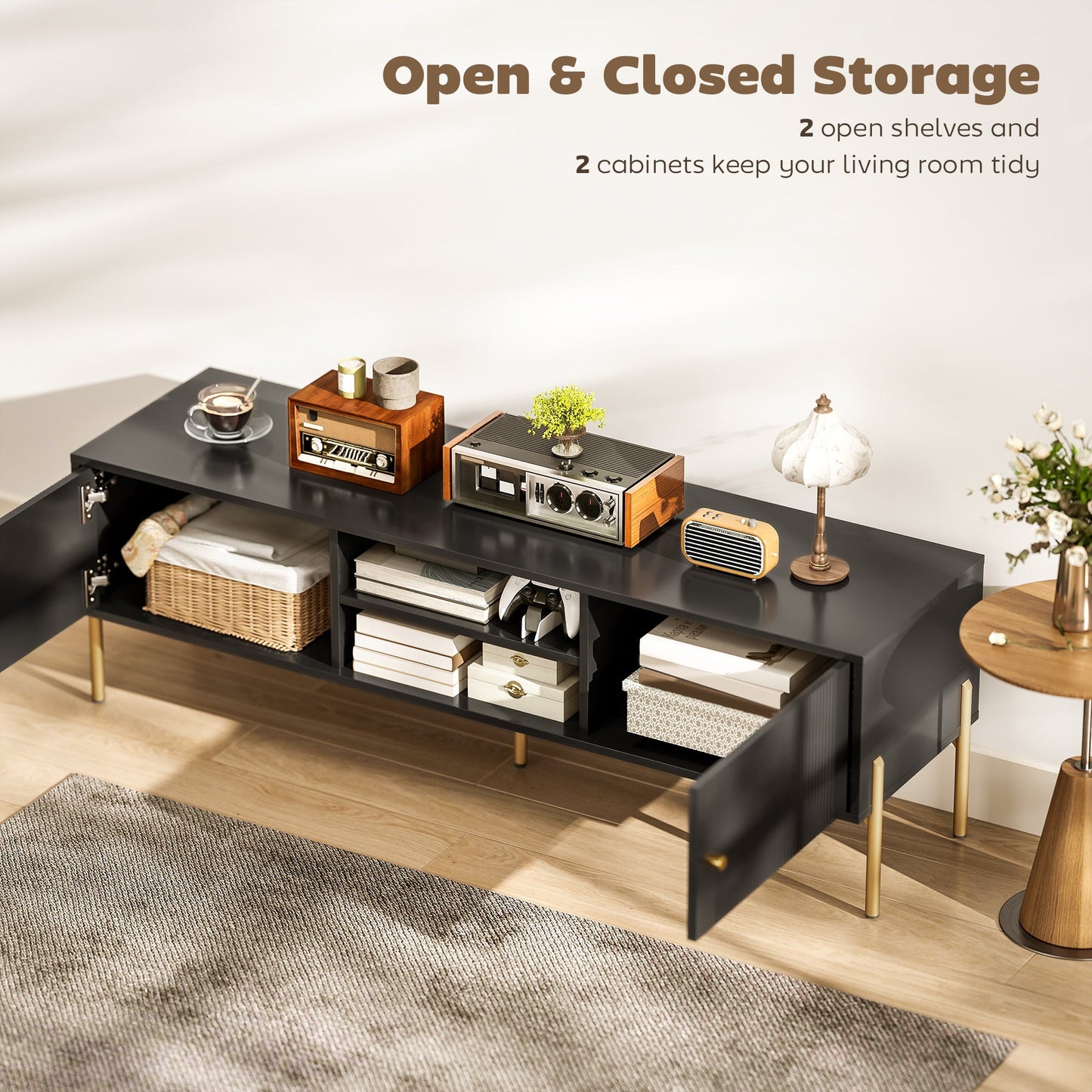 TV Stand for Television up to 65 Inch, Modern Entertainment Center with 2 Open Shelves, 2 Cabinets and 5 Steel Legs, TV Console with 2 Cable Holes for Living Room, Black