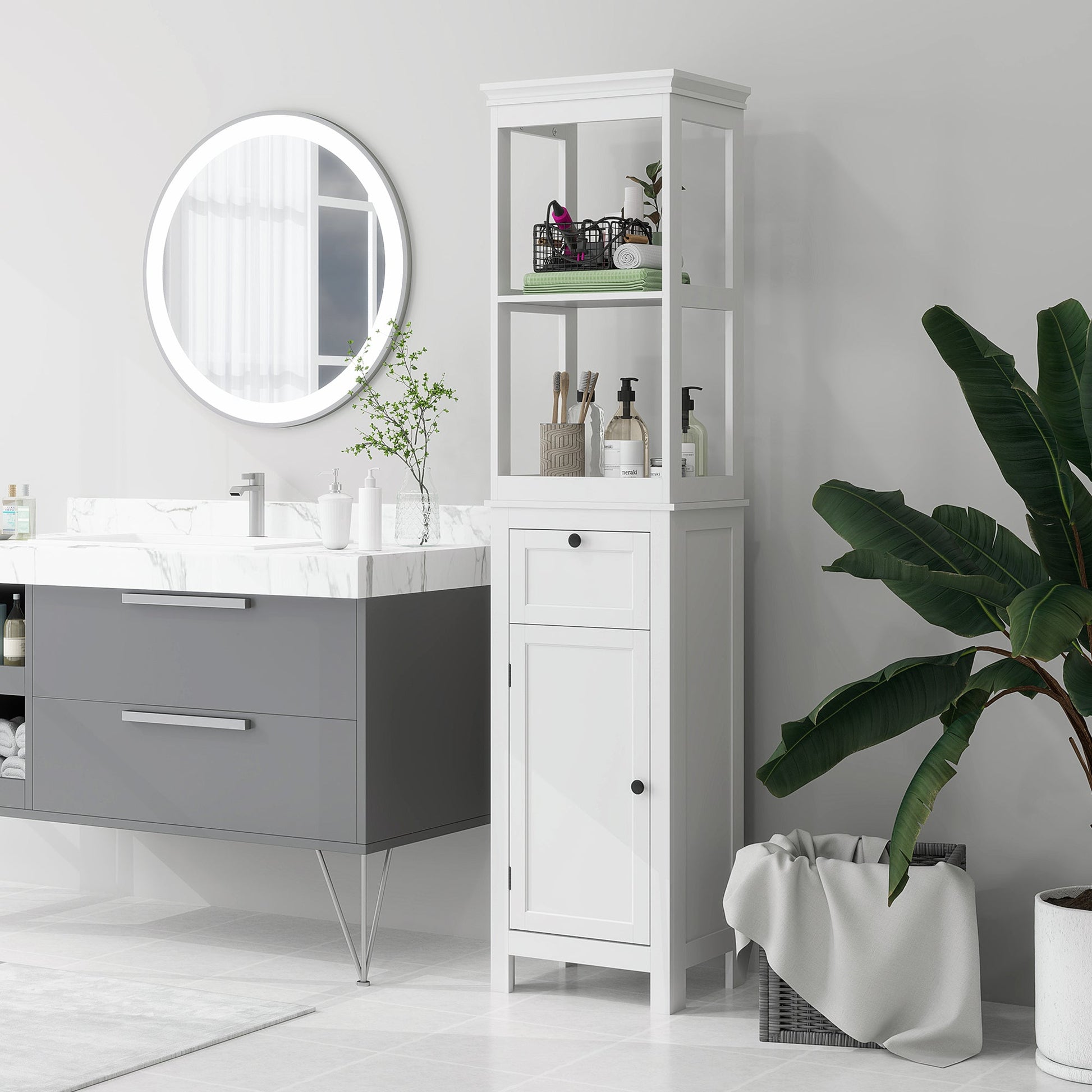 HOMCOM Tall Bathroom Cabinet, Slim Bathroom Storage Cabinet with 2 Open Shelves, Soft Close Door and Drawer, Adjustable Shelf, Narrow Cupboard Storage Unit, White