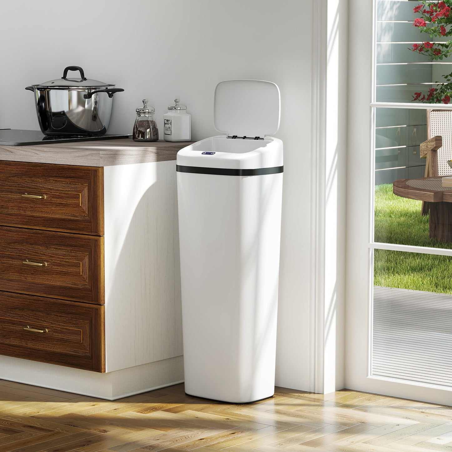 50L Sensor Bin, Stainless Steel Automatic Touchless Slim Kitchen Bin with Dual-Mode Opening, Fingerprint-Proof, Easy Clean, Battery Operated for Home Office, Bedroom, Bathroom, White
