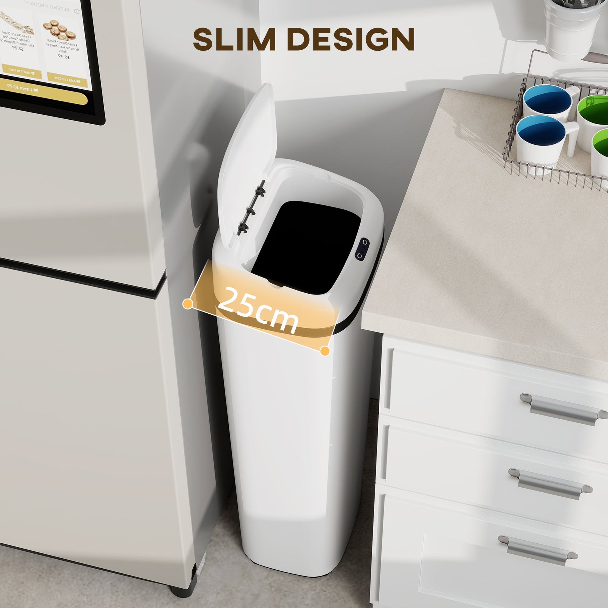 50L Sensor Bin, Stainless Steel Automatic Touchless Slim Kitchen Bin with Dual-Mode Opening, Fingerprint-Proof, Easy Clean, Battery Operated for Home Office, Bedroom, Bathroom, White
