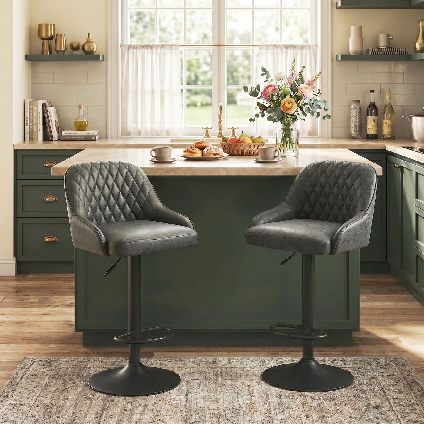 Breakfast Bar Stools Set of 2 with Wide Padded Seat, PU Leather Adjustable Swivel Bar Chairs, Modern Barstools with Footrest for Kitchen Island Counter, Home Bar, Dark Grey