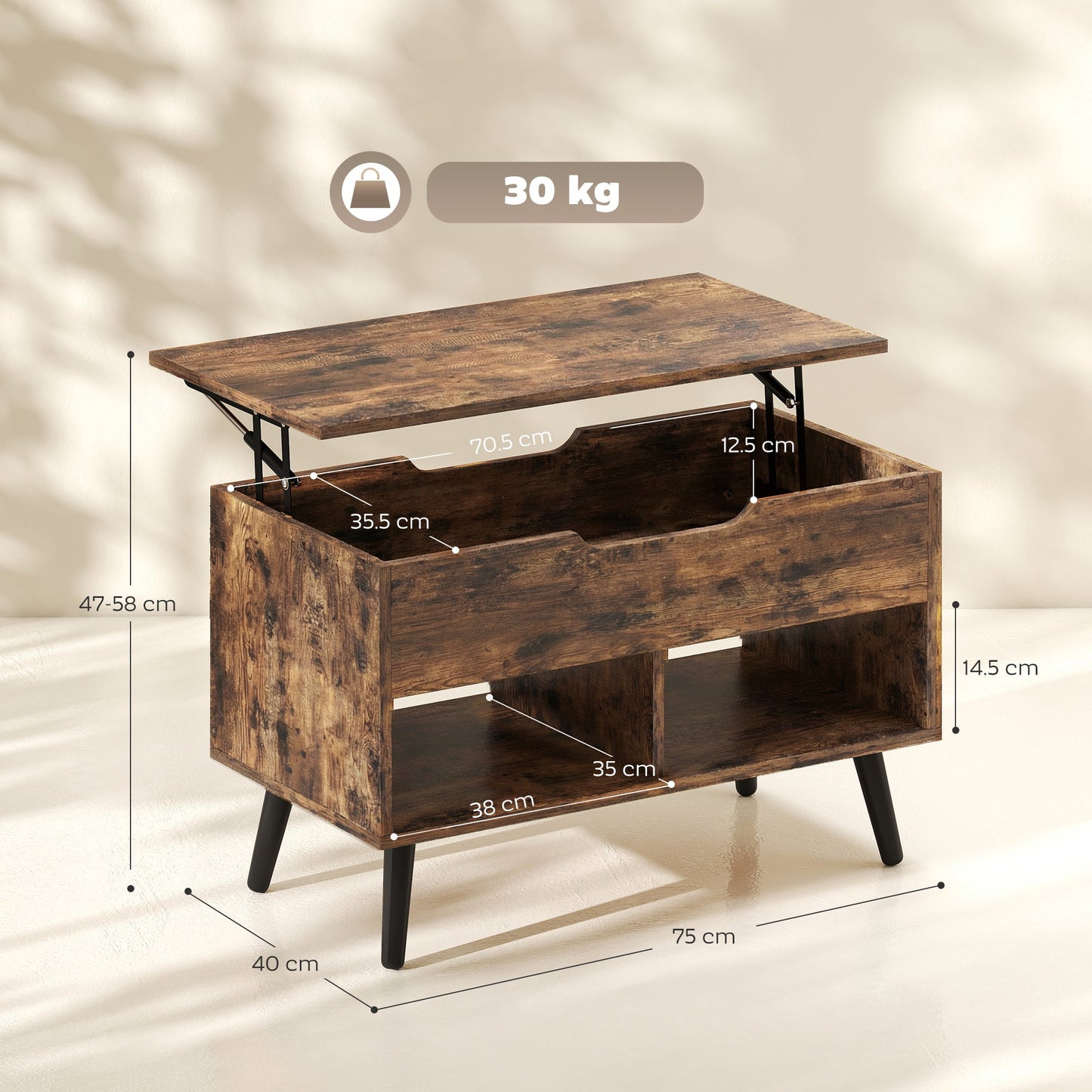 Industrial Lift Top Coffee Table, Living Room Table with Hidden Compartment, Open Shelves and Metal Legs, 75 cm, Rustic Brown