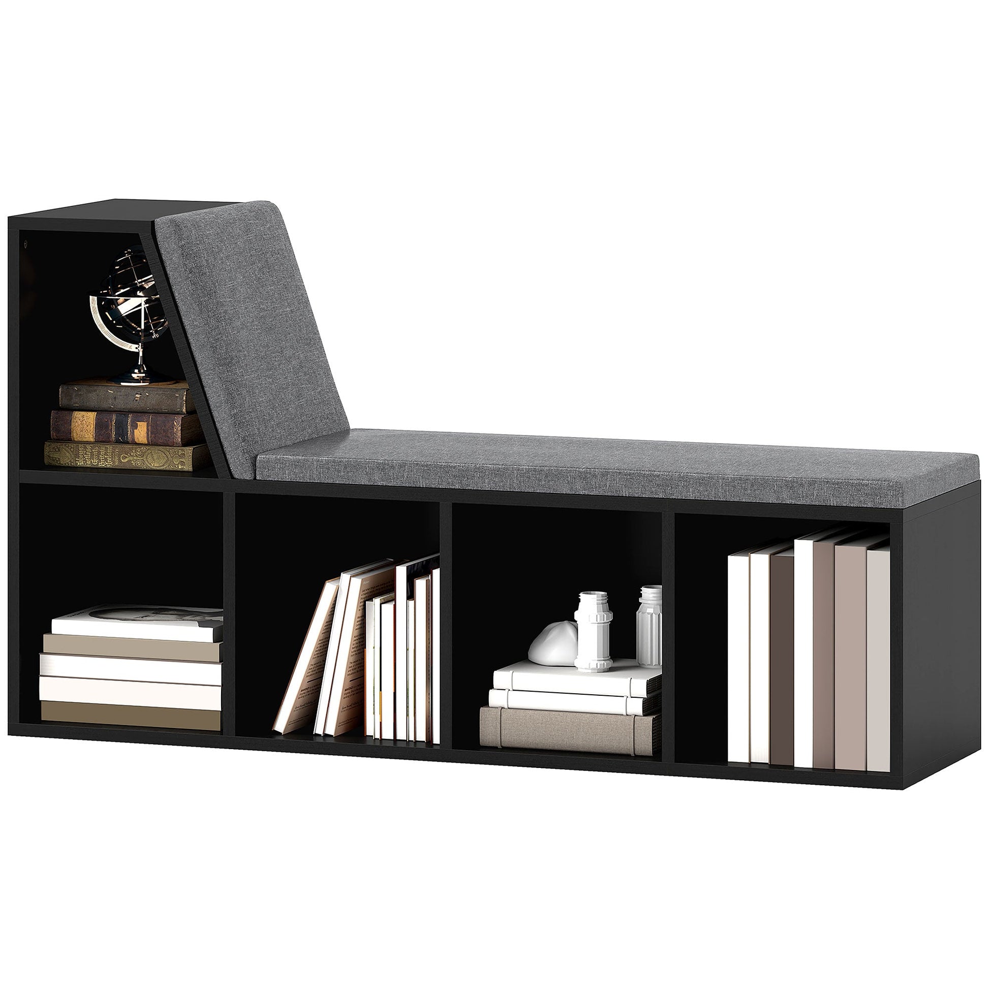 Bookcase Storage Shelf with Cushioned Reading Seat, Bookshelf Storage Cabinet for Study Living Room, Black