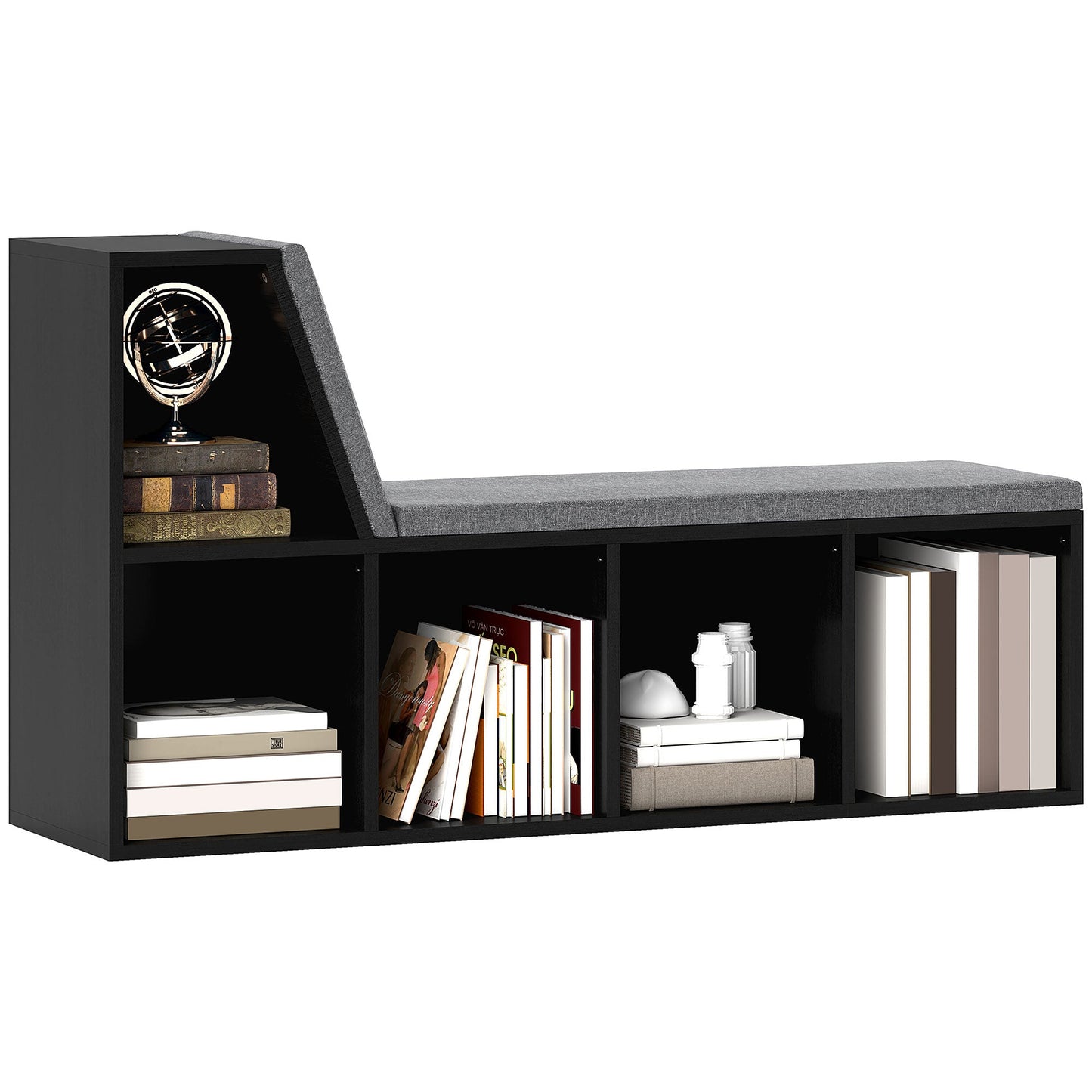 Bookcase Storage Shelf with Cushioned Reading Seat, Bookshelf Storage Cabinet for Study Living Room, Black