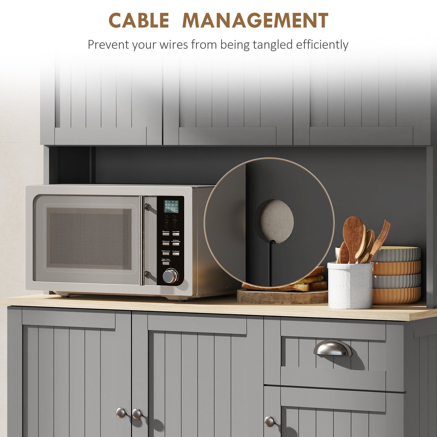 180cm Kitchen Cupboard with 6 Doors, Modern Kitchen Storage Cabinet with Microwave Oven Countertop, Drawer, Adjustable Shelves and Cable Hole, Grey