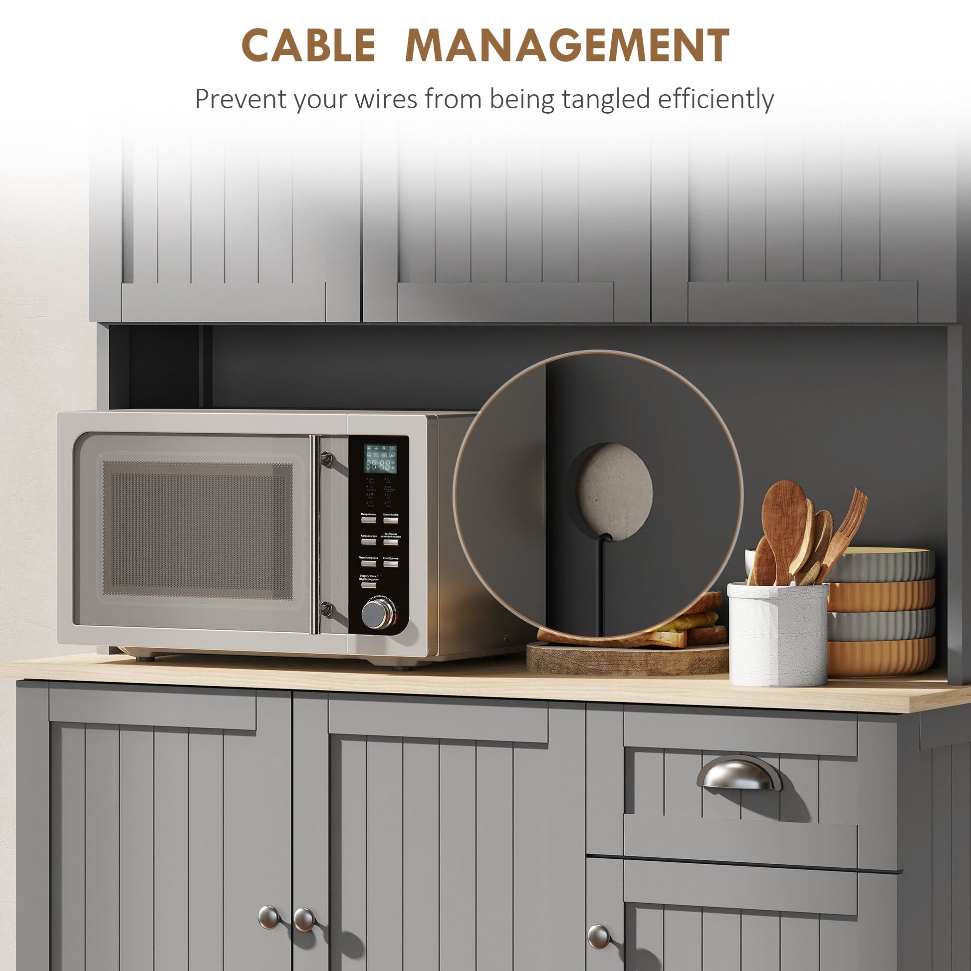 180cm Kitchen Cupboard with 6 Doors, Modern Kitchen Storage Cabinet with Microwave Oven Countertop, Drawer, Adjustable Shelves and Cable Hole, Grey