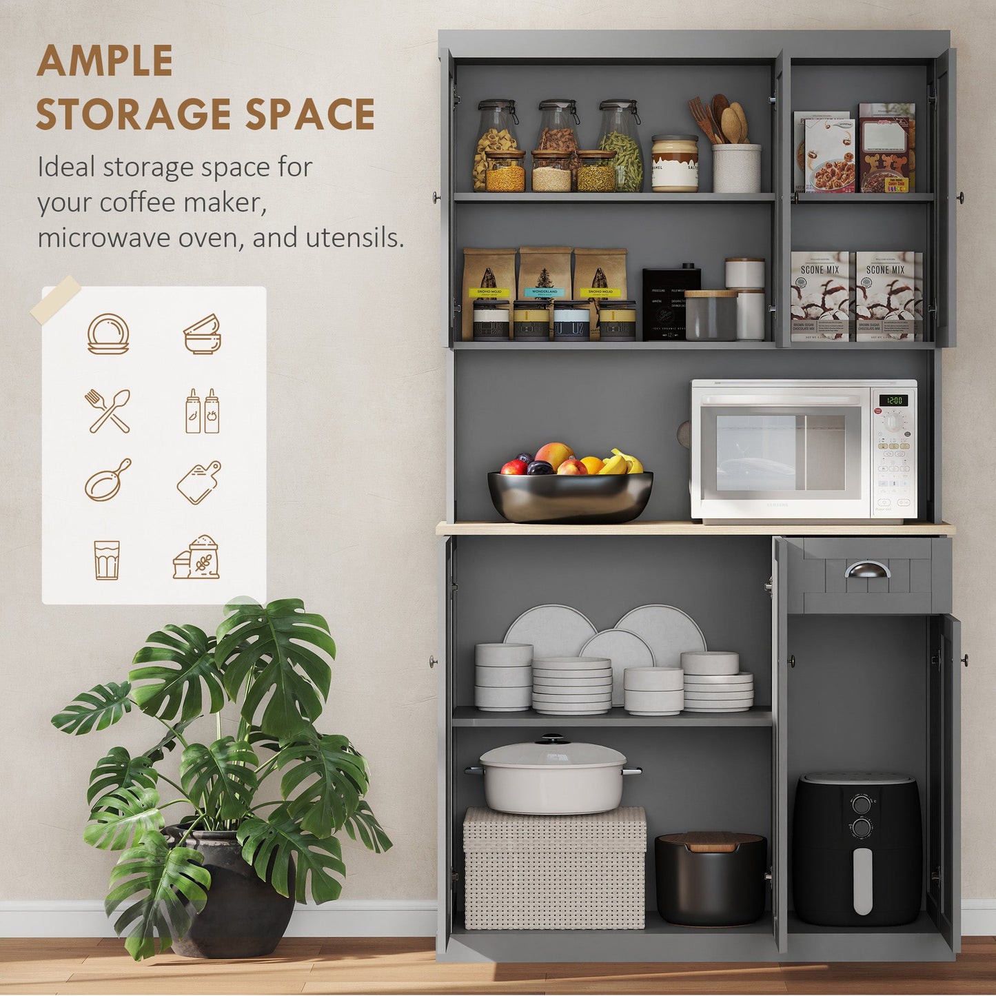 180cm Kitchen Cupboard with 6 Doors, Modern Kitchen Storage Cabinet with Microwave Oven Countertop, Drawer, Adjustable Shelves and Cable Hole, Grey